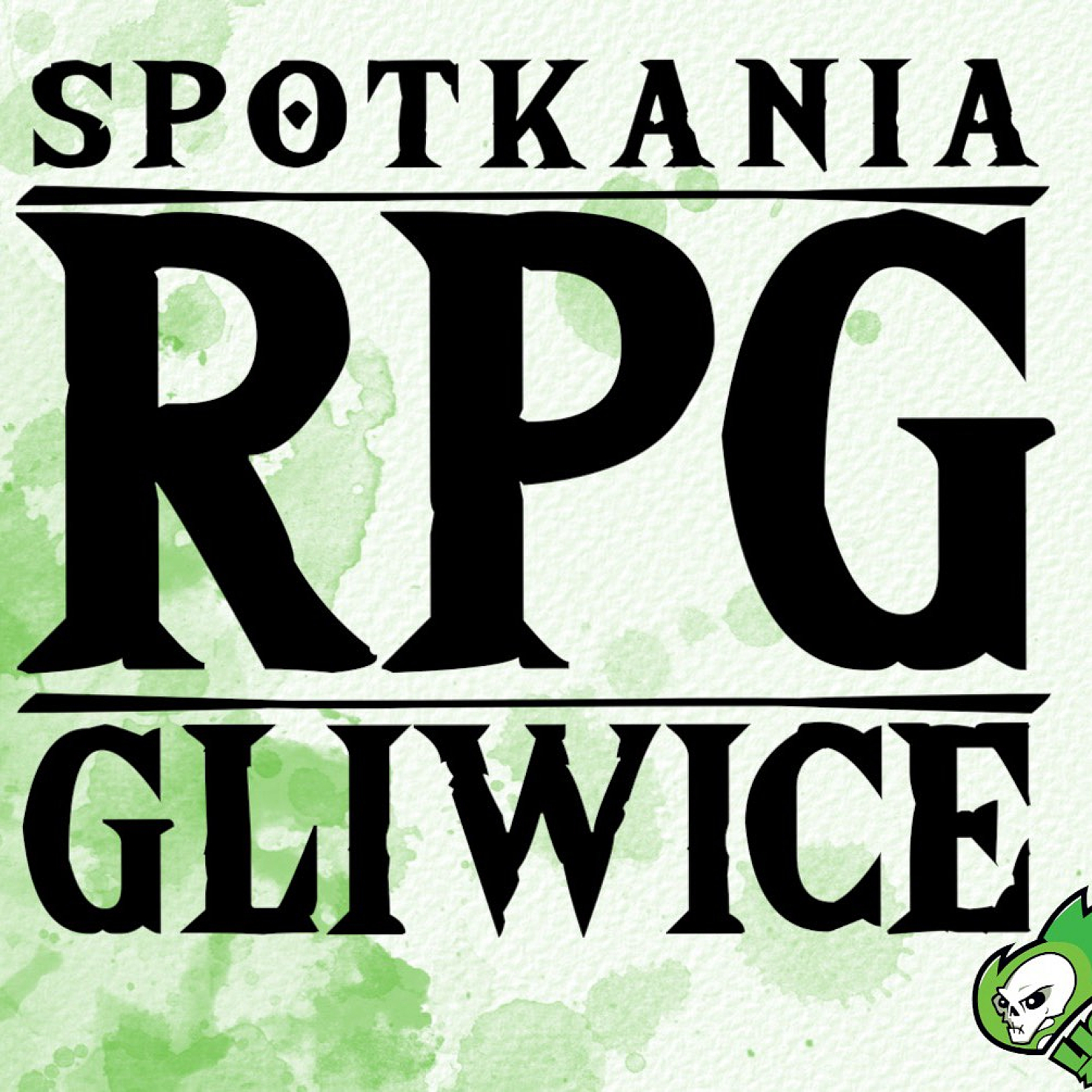 biało-zielone tło ze stylizowanym czarnym tekstem "SPOTKANIA RPG GLIWICE"