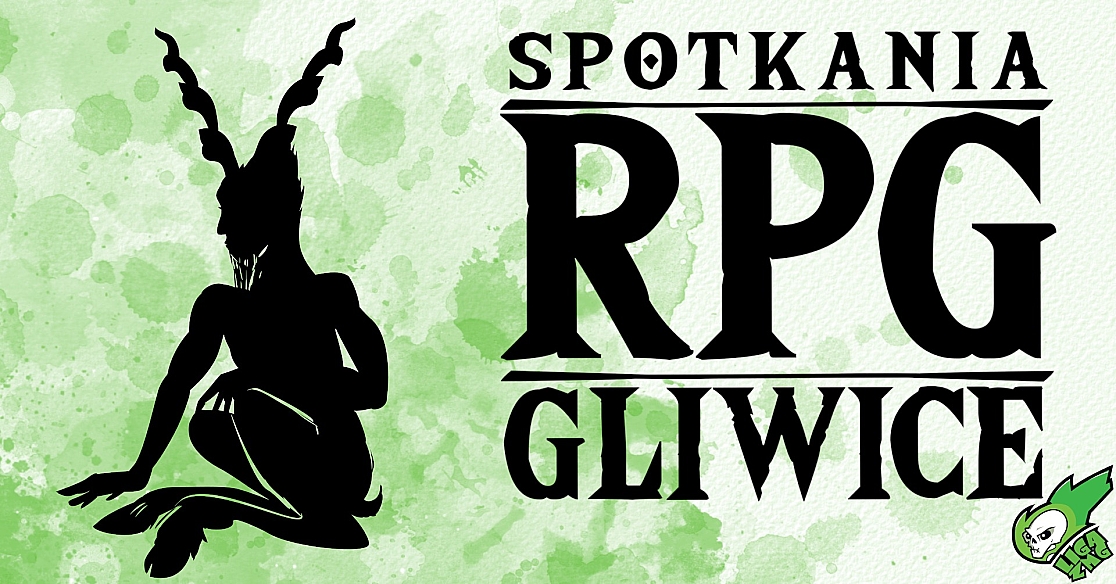 biało-zielone tło ze stylizowanym czarnym tekstem "SPOTKANIA RPG GLIWICE"
