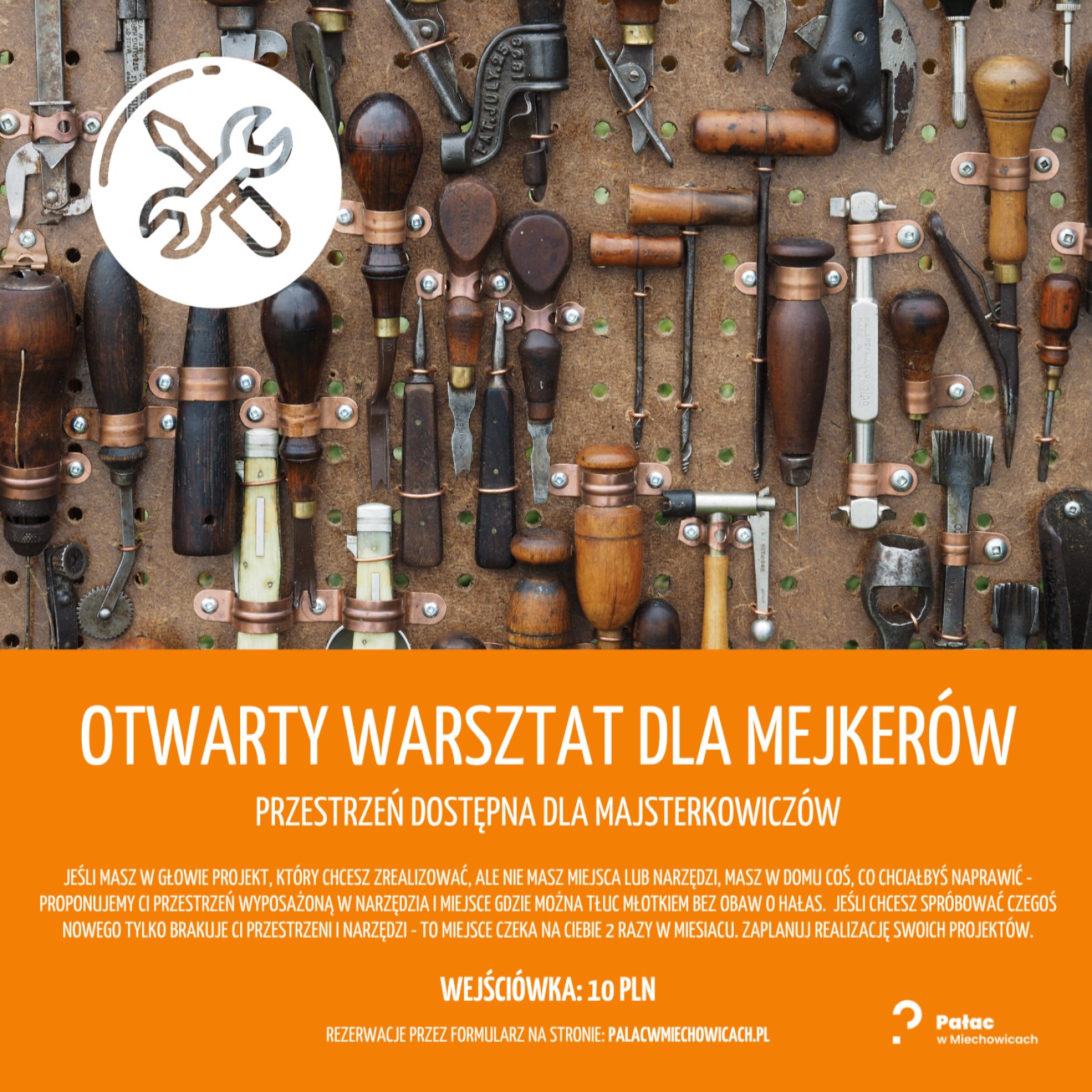 zdjęcie plakatu z napisem "otwarte wydarzenie dla mejkerów" na tle narzędzi rzemieślniczych