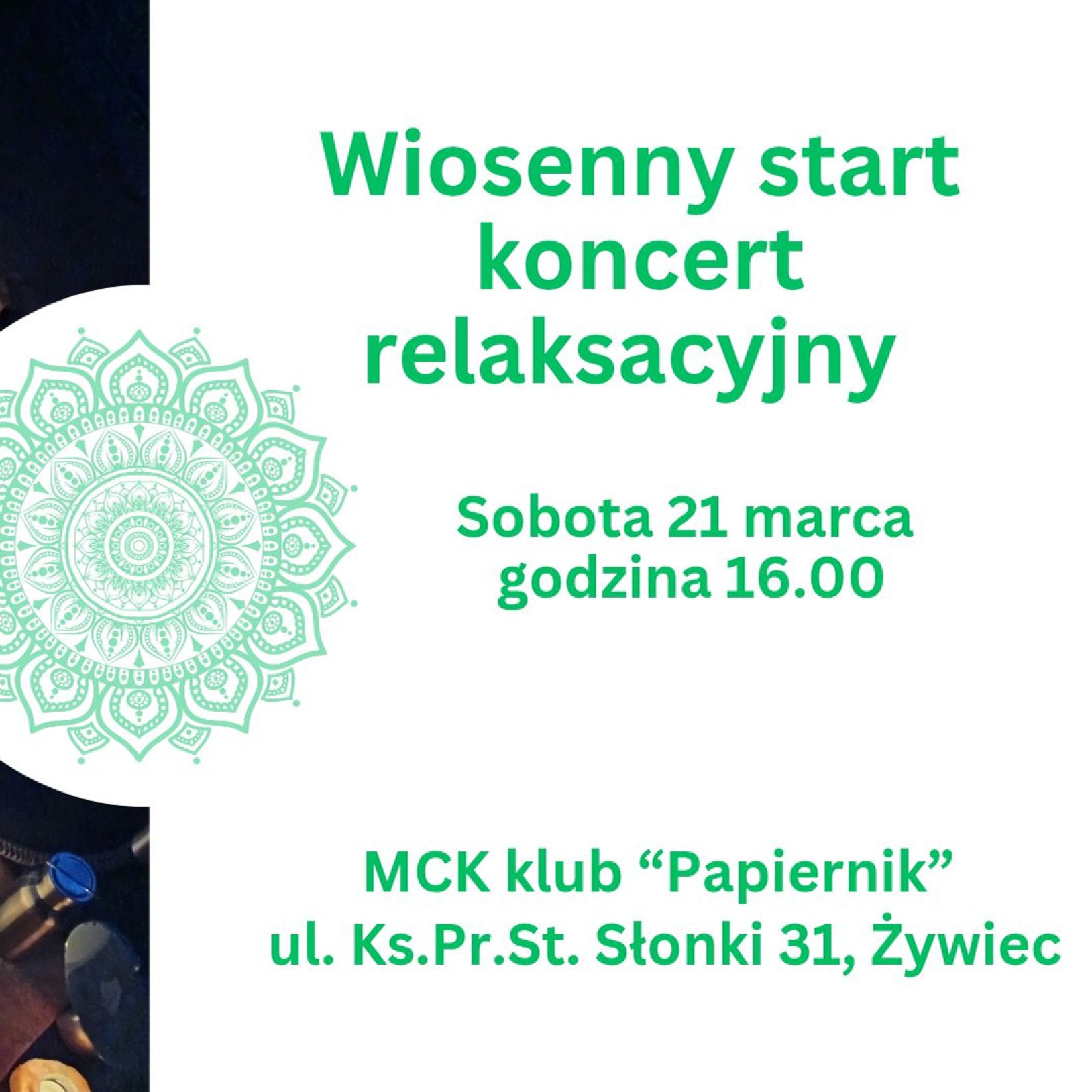 grafika przedstawiająca seledynową mandalę oraz tekst z zapowiedzią wydarzenia na białym tle