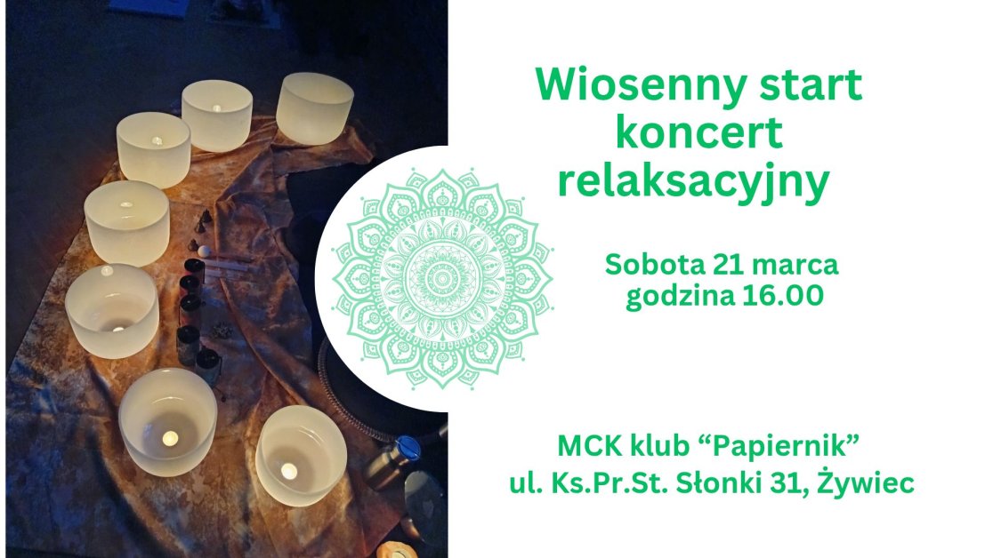 grafika przedstawiająca seledynową mandalę oraz tekst z zapowiedzią wydarzenia na białym tle