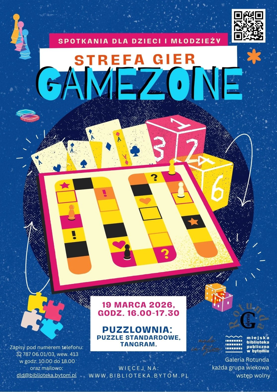 plakat wydarzenia z ilustracją w postaci gier planszowych na granatowym tle