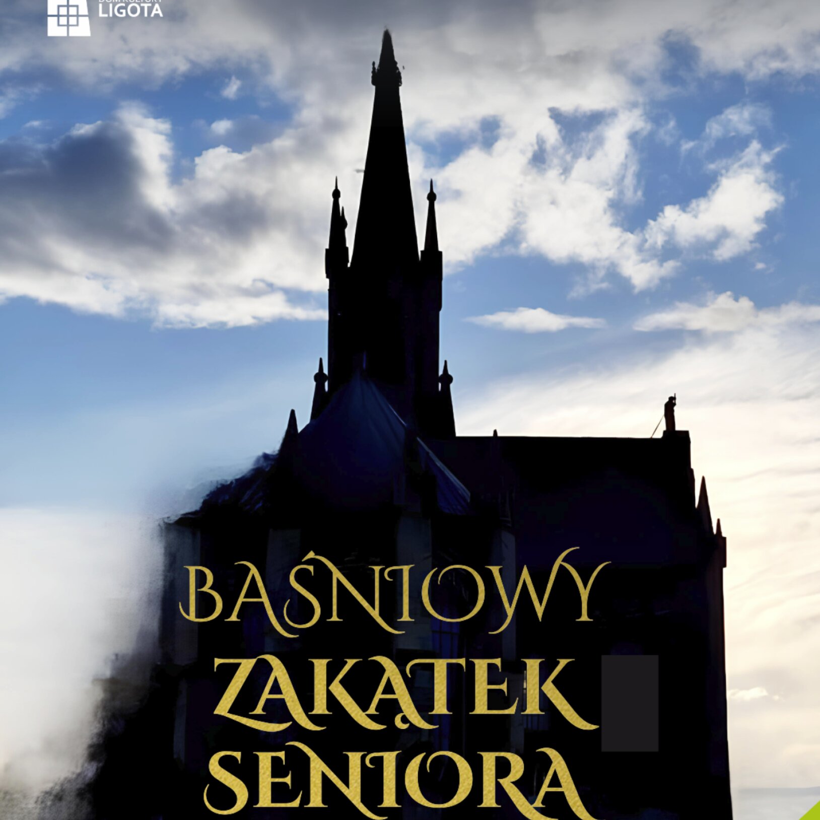 bajkowy zamek na czarno w kontrze na tle niebieskiego nieba z chmurami