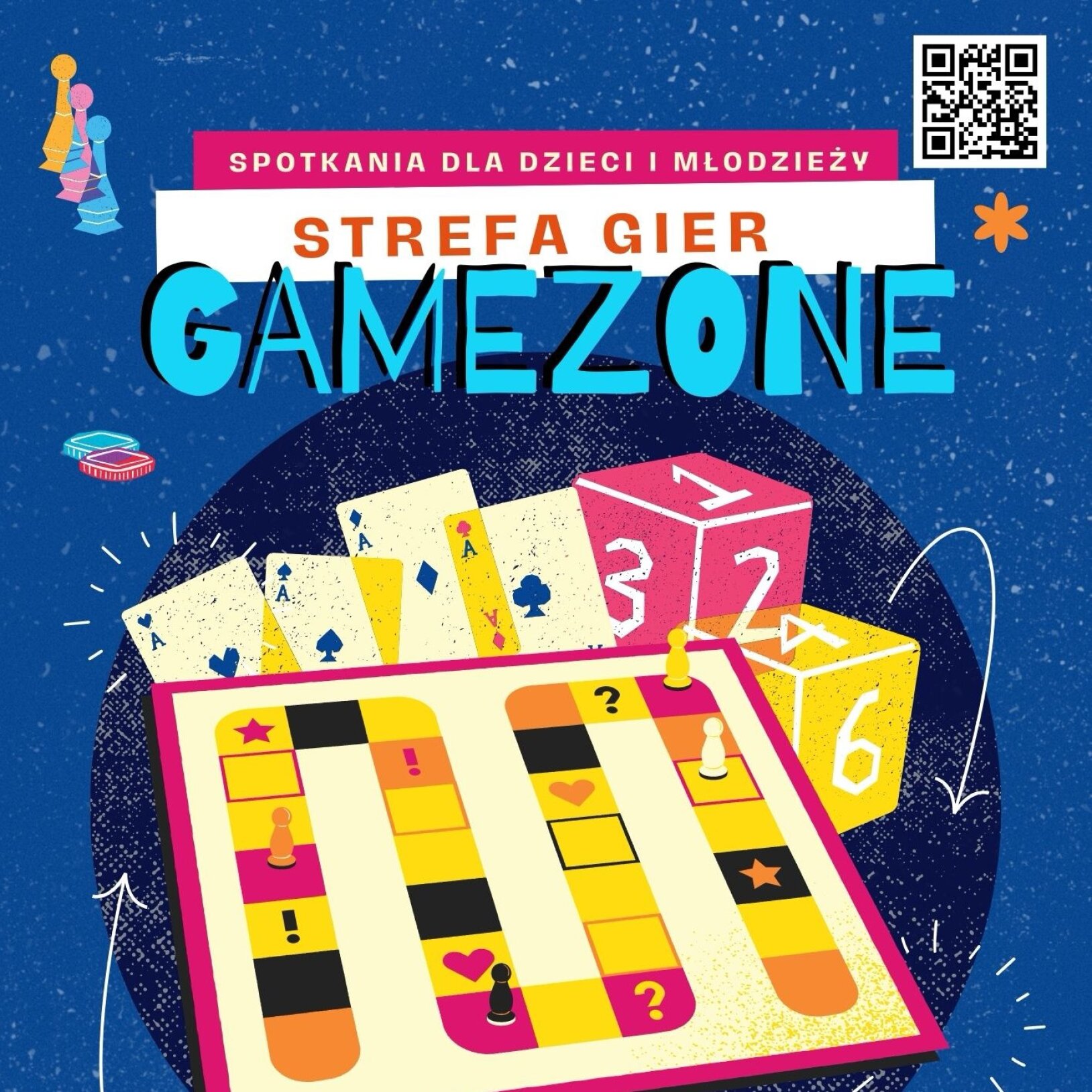 plakat wydarzenia z ilustracją w postaci gier planszowych na granatowym tle