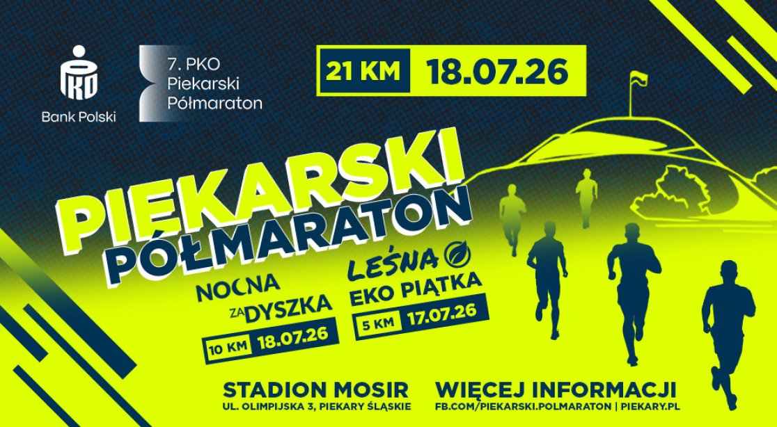 plakat wydarzenia 7. PKO Piekarskiego Półmaratonu w kolorze niebiesko-zielonym
