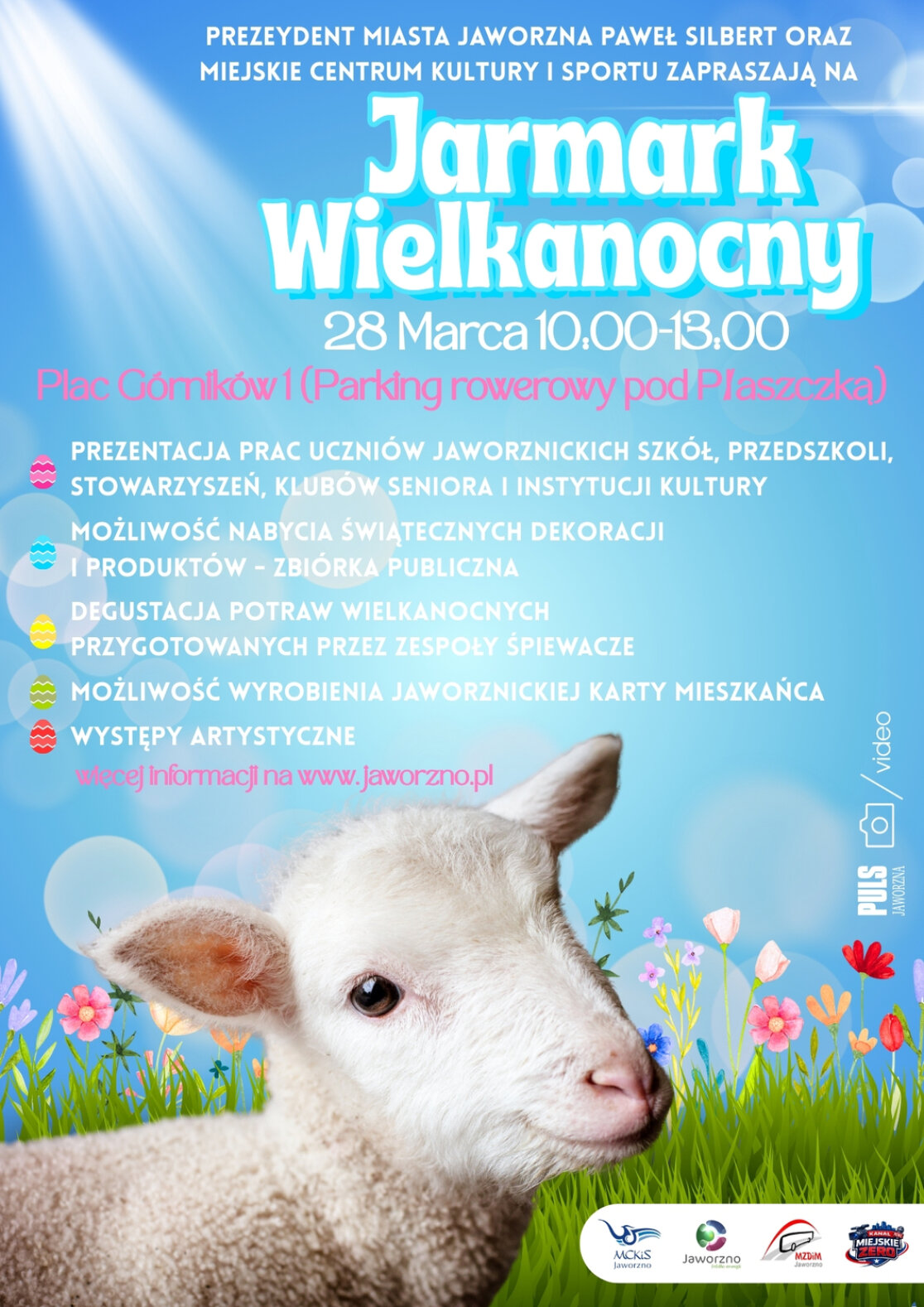 plakat jarmarku wielkanocnego w Jaworznie, owca na łące
