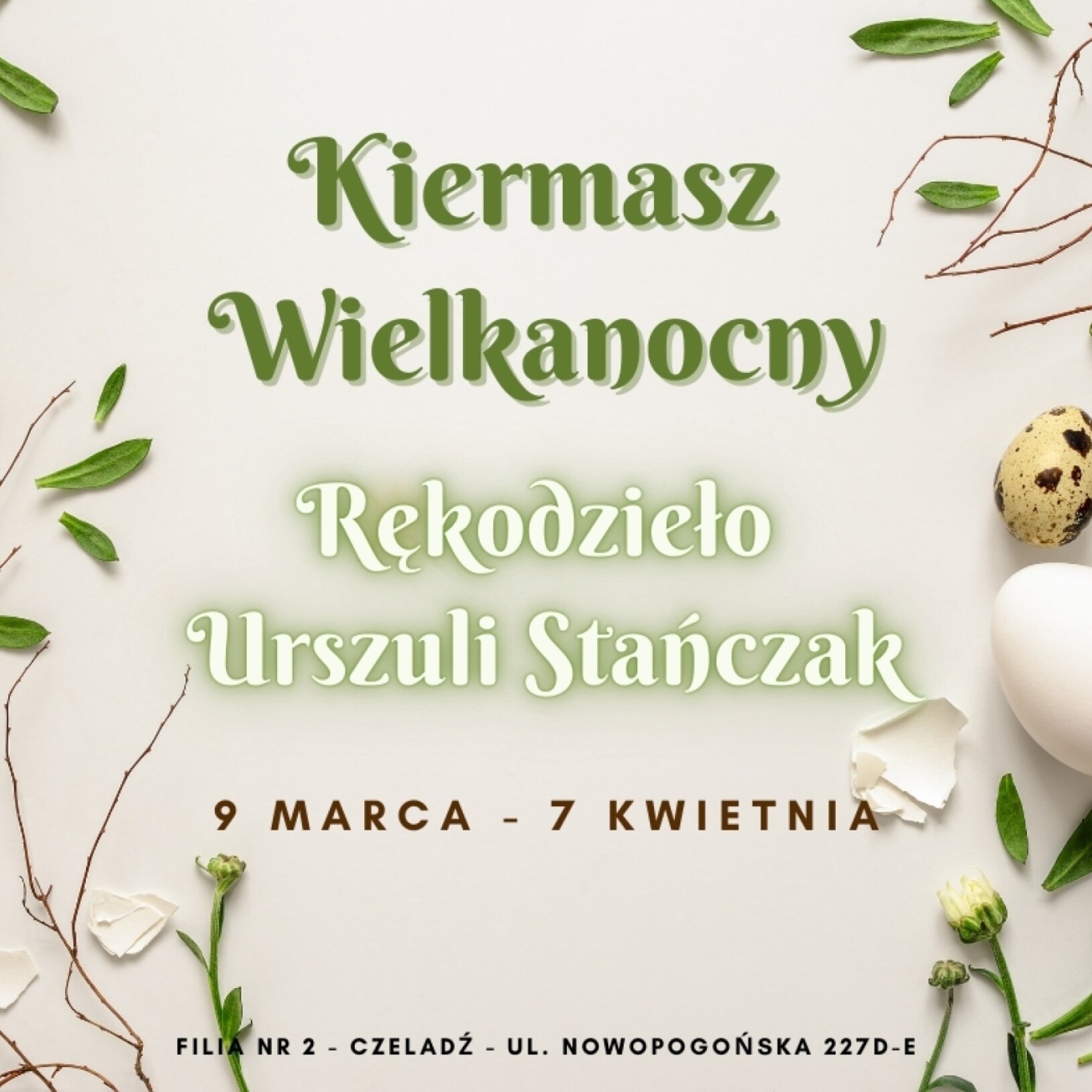 plakat kiermaszu wielkanocnego, w tle gałązki i pisanki