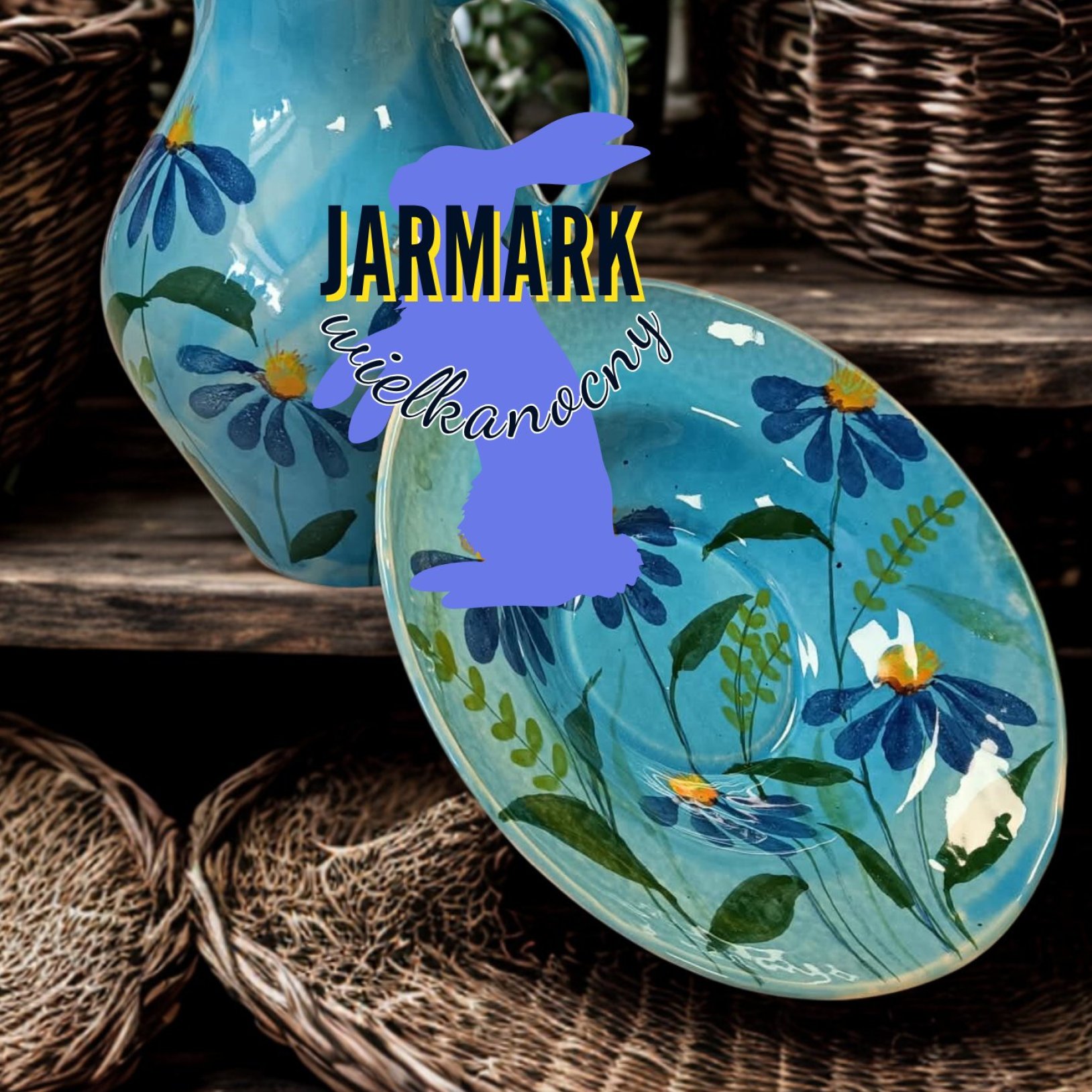 zdjęcie turkusowej ceramiki: dzbanka i talerzyka