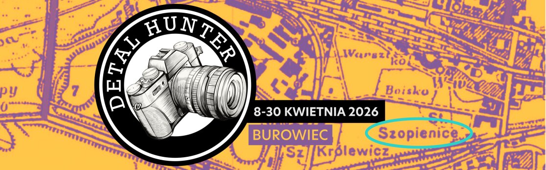 plakat wystawy z rysunkiem aparatu fotograficznego na tle mapy katowic