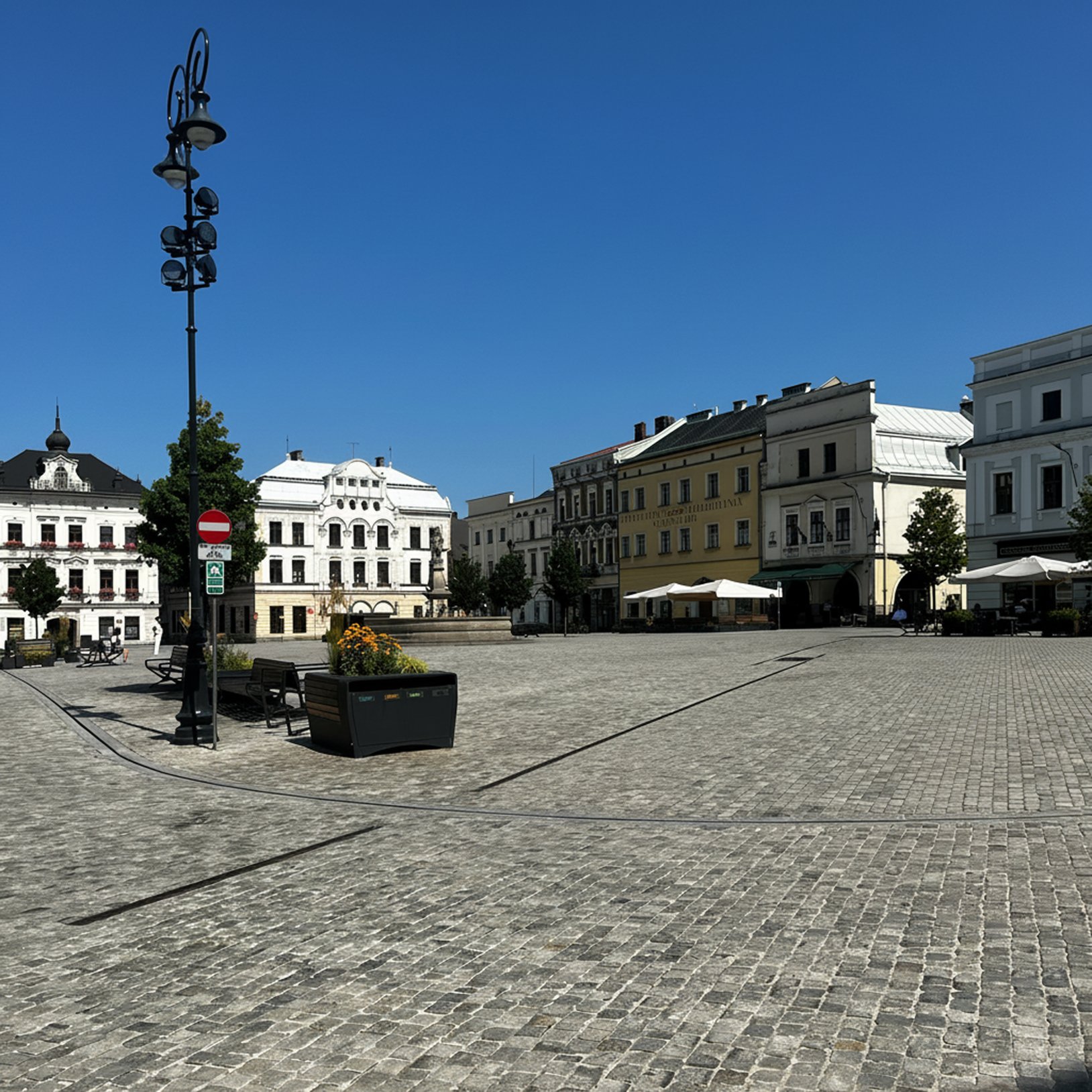 "Szeroki, brukowany rynek miasta z ławkami i donicami z kwiatami; po lewej wysoka latarnia, w tle rząd kamienic i jasna fasada budynku, a nad placem bezchmurne, intensywnie niebieskie niebo."