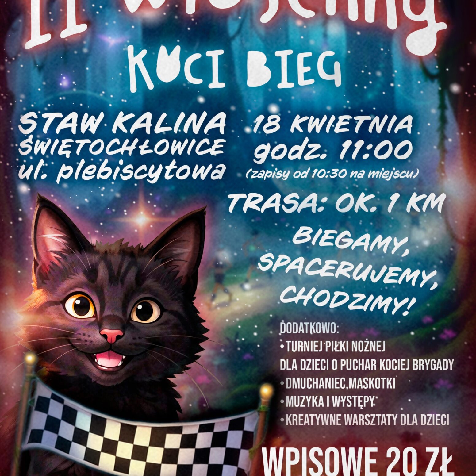 Plakat promujący koci bieg