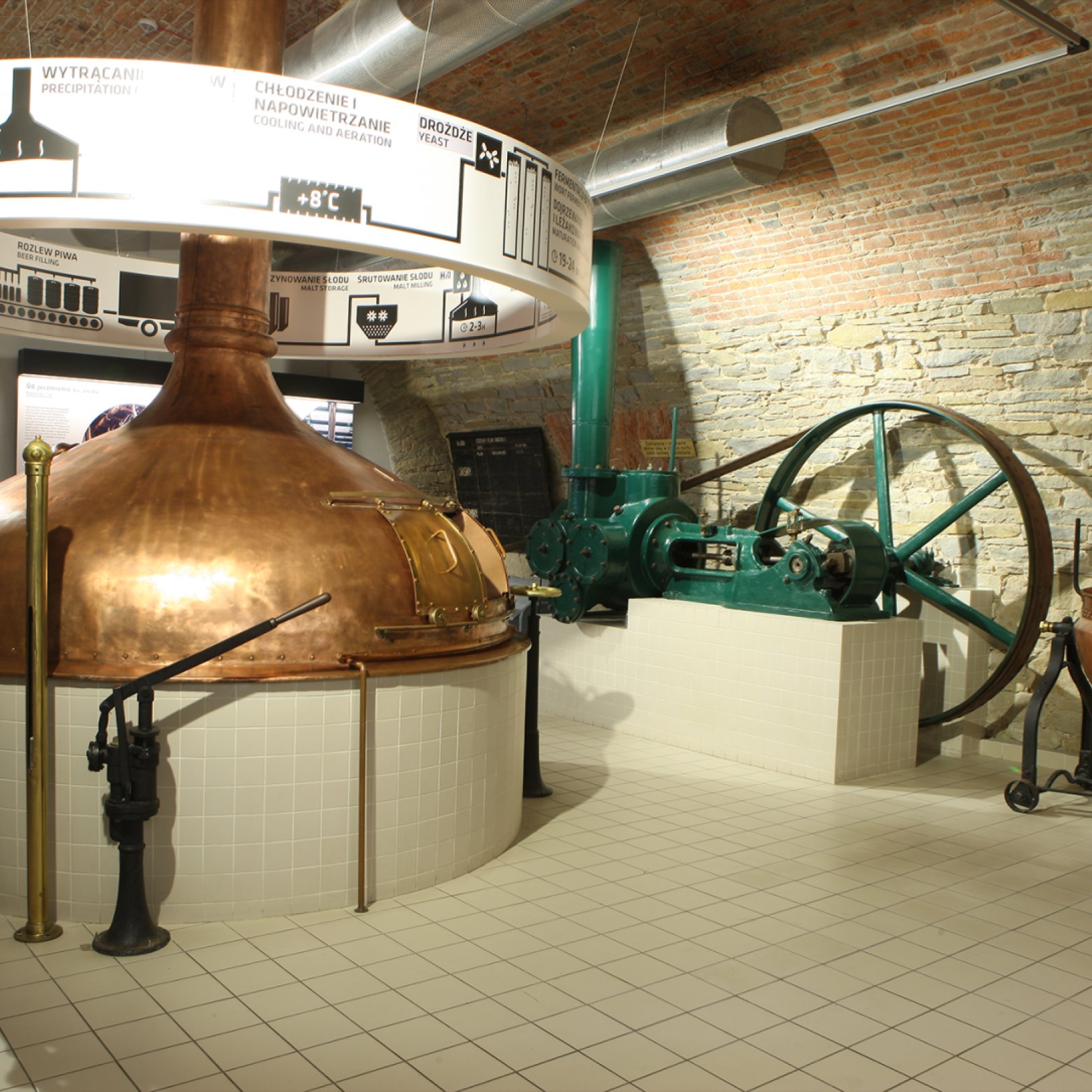 "Zabytkowe urządzenia browarnicze w Muzeum Browaru Żywiec, w tym duży miedziany kadź warzelna oraz zielona maszyna parowa z kołem zamachowym. Elementy wystawy prezentowane są na tle kamiennych i ceglanych ścian pod sklepień łukowych."