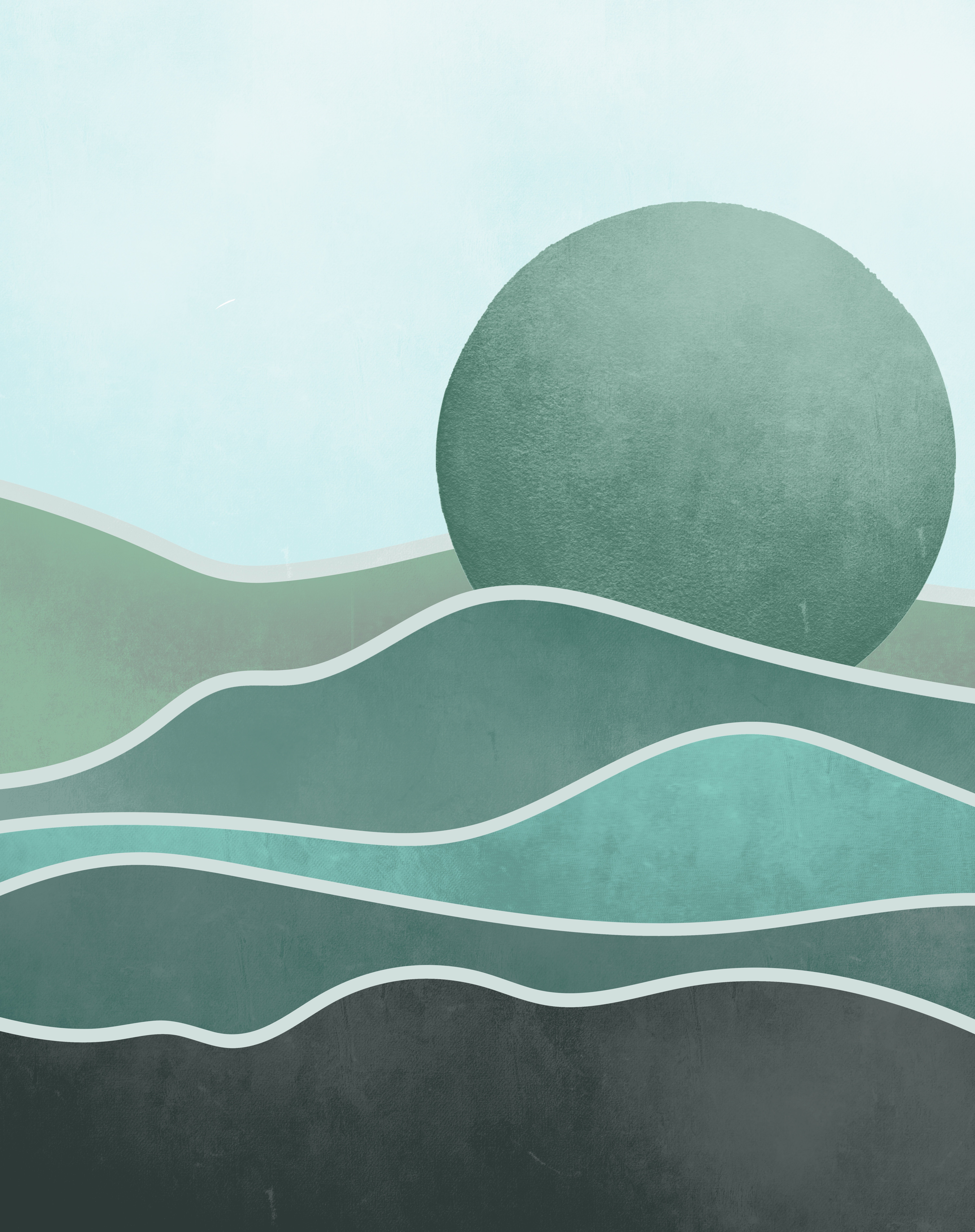 ilustracja w odcieniach zieleni przedstawiająca abstrakcyjne góry i słońce
