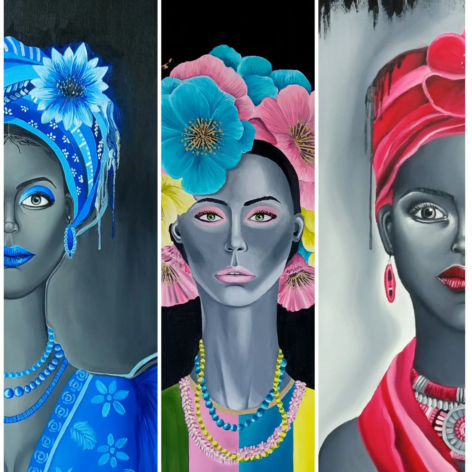 Trzy stylizowane portrety kobiet o szarej cerze w jaskrawych strojach