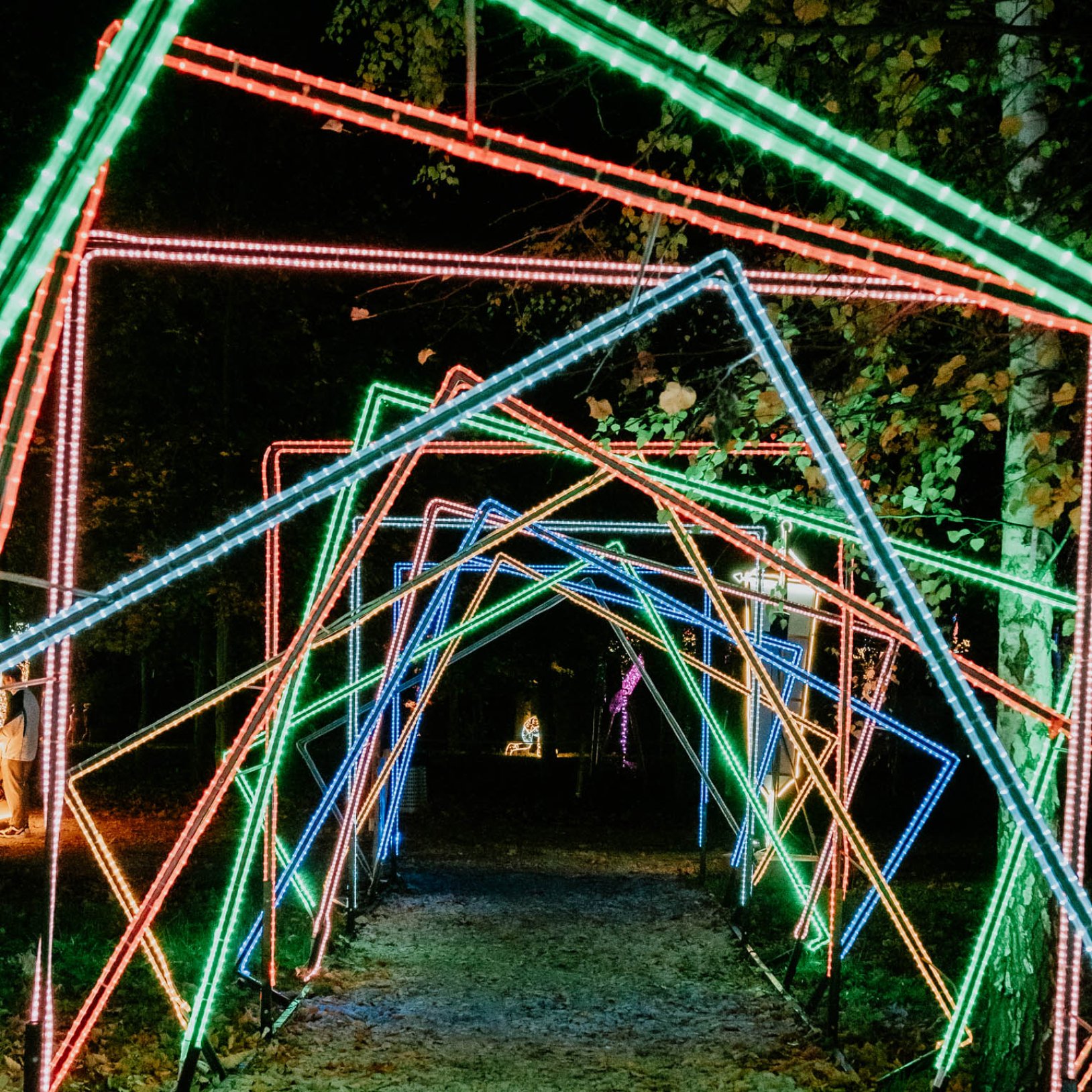 "Kolorowy tunel świetlny zbudowany z geometrycznych konstrukcji w kształcie trójkątów i prostokątów, podświetlonych światłami LED w różnych kolorach. Tunel znajduje się w lesie, a jego wnętrze pokryte jest jesiennymi liśćmi."   }