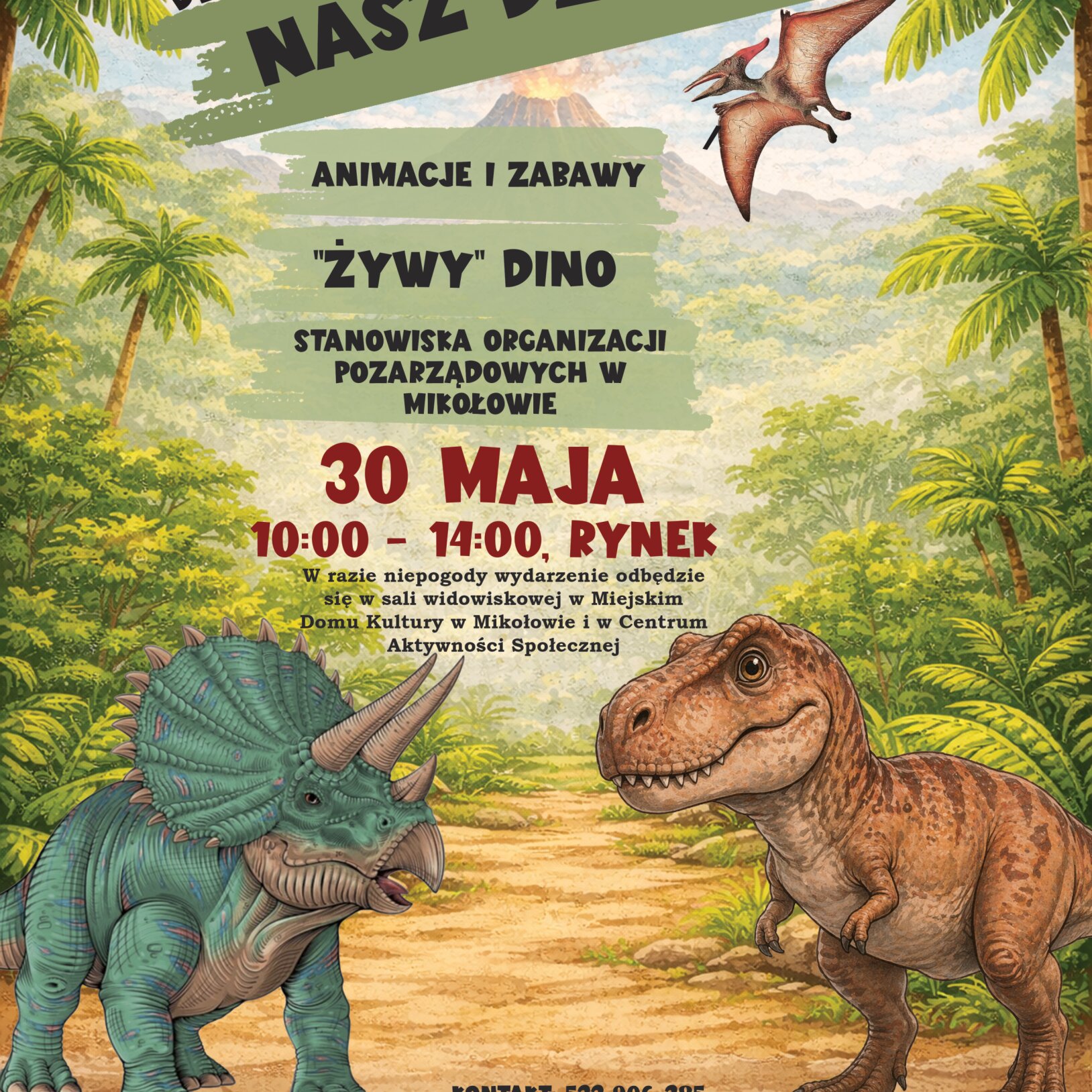 plakat z dinozaurami dotyczący imprezy z okazji dnia dziecka