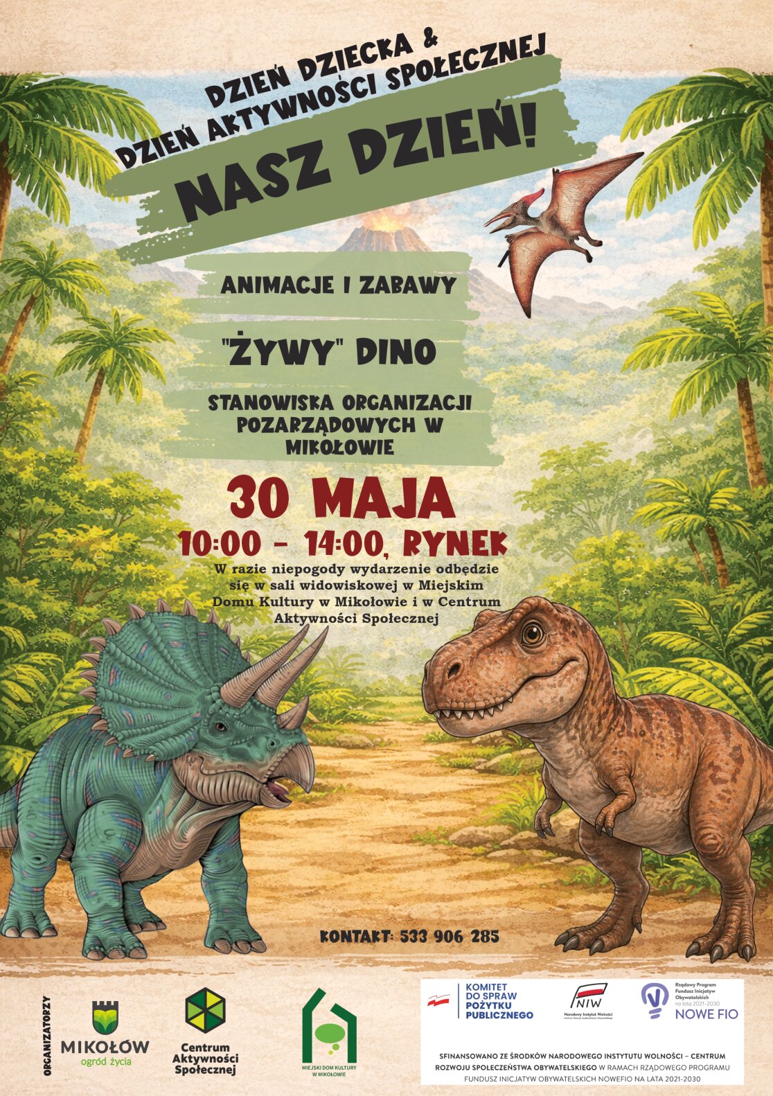 plakat z dinozaurami dotyczący imprezy z okazji dnia dziecka