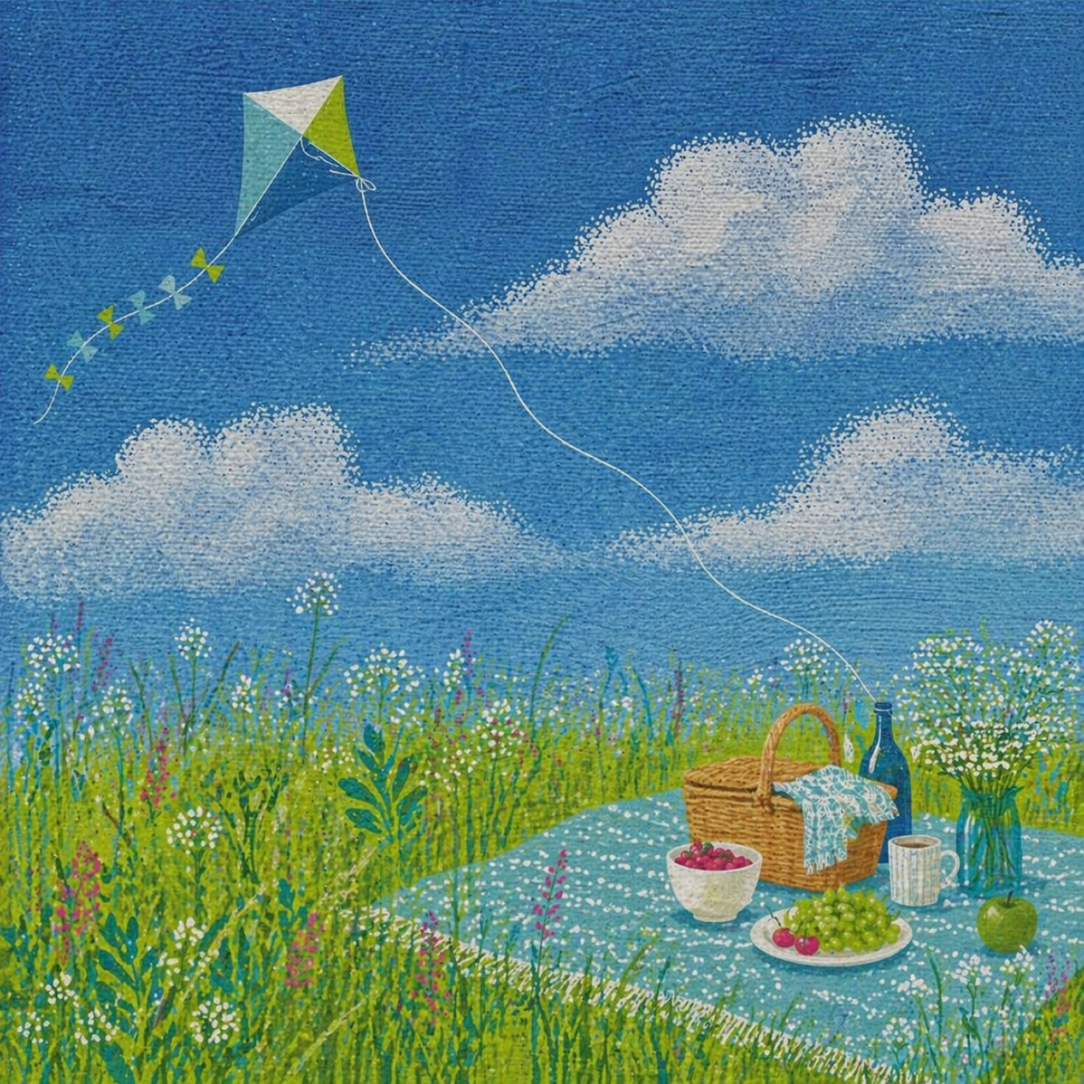 obraz z piknikiem na łące