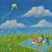 obraz z piknikiem na łące