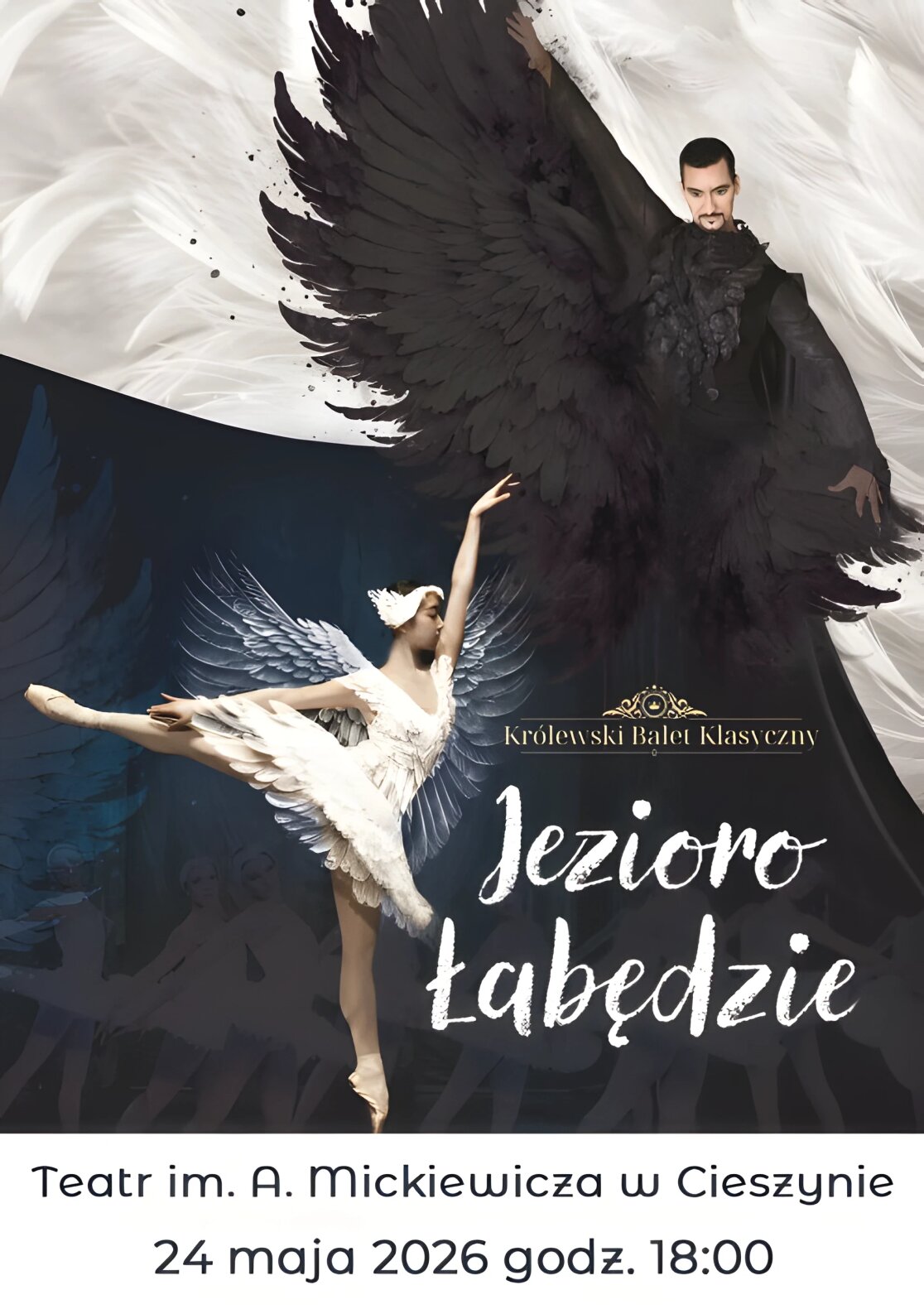 Plakat wydarzenia pt. Jezioro Łabędzie z adresem Teatr im. A. Mickiewicza w Cieszynie