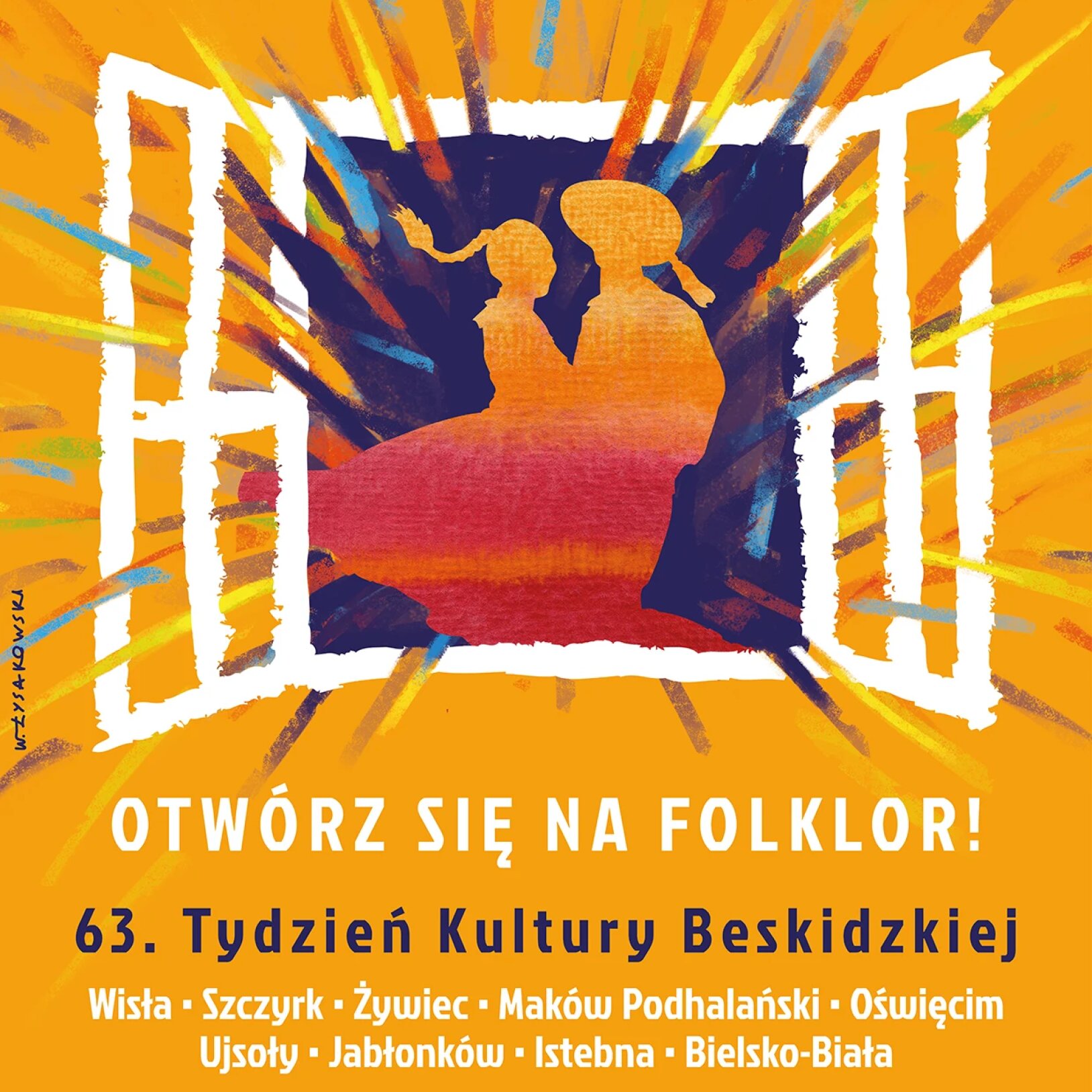 Plakat 63. Tygodnia Kultury Beskidzkiej 2026: grafika otwartego okna z sylwetkami pary w strojach ludowych na tle kolorowych promieni.