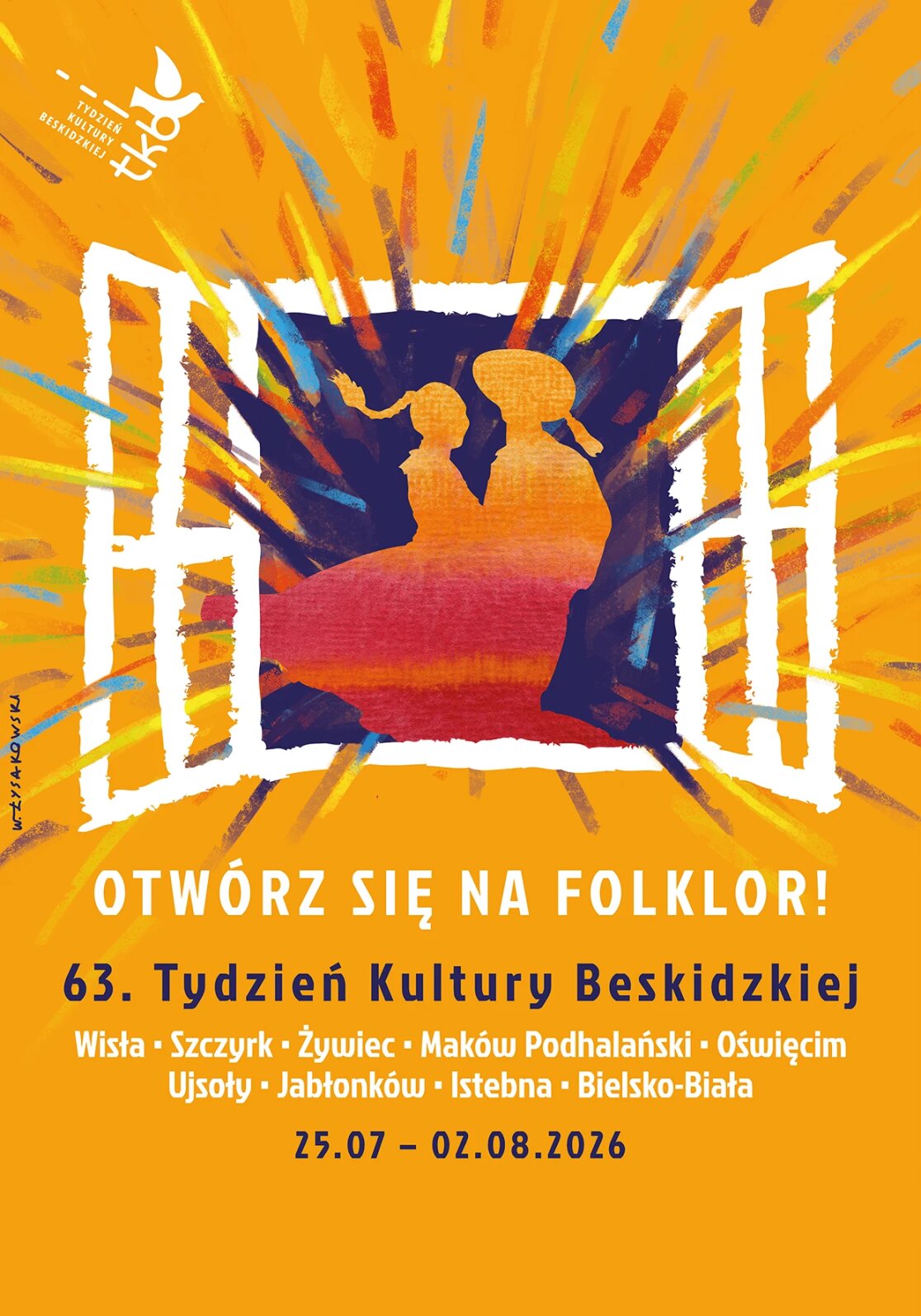 Plakat 63. Tygodnia Kultury Beskidzkiej 2026: grafika otwartego okna z sylwetkami pary w strojach ludowych na tle kolorowych promieni.