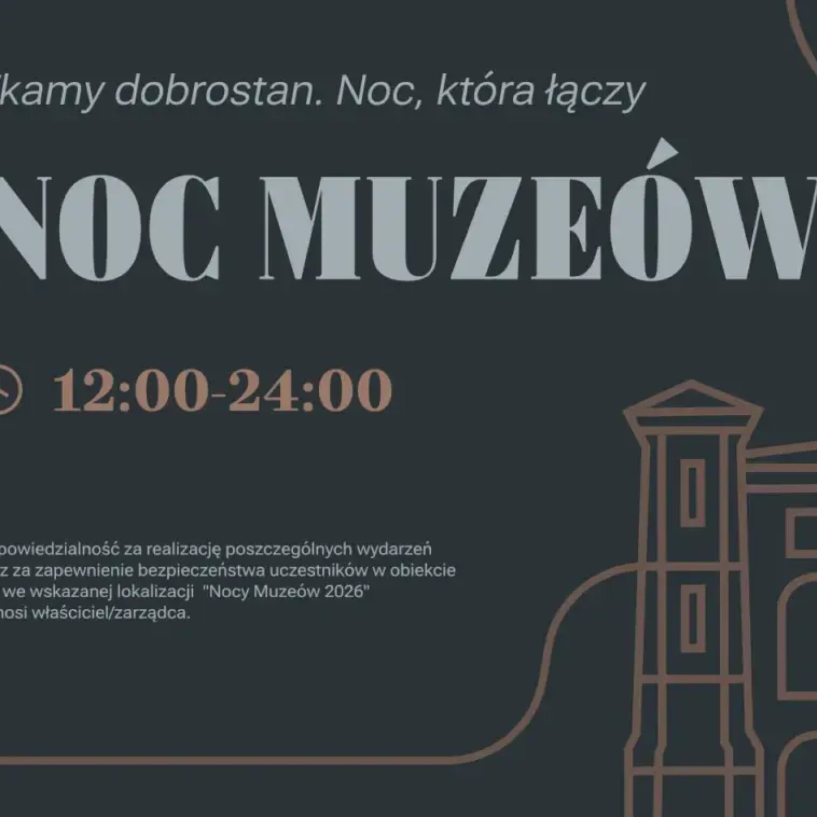 Plakat Nocy Muzeów w Bielsku-Białej, 23 maja 2026 r., z hasłem Tkamy dobrostan. Noc, która łączy oraz zarysem historycznego budynku.