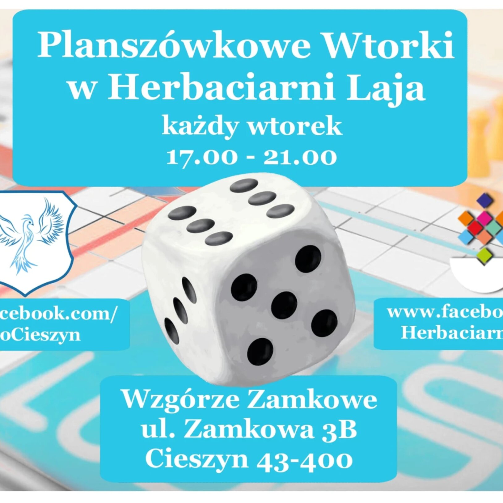 Plakat wydarzenia Planszówkowe Wtorki w Herbaciarni Laja w Cieszynie, odbywające się w każdy wtorek w godz. 17:00-21:00 przy ul. Zamkowej 3B.