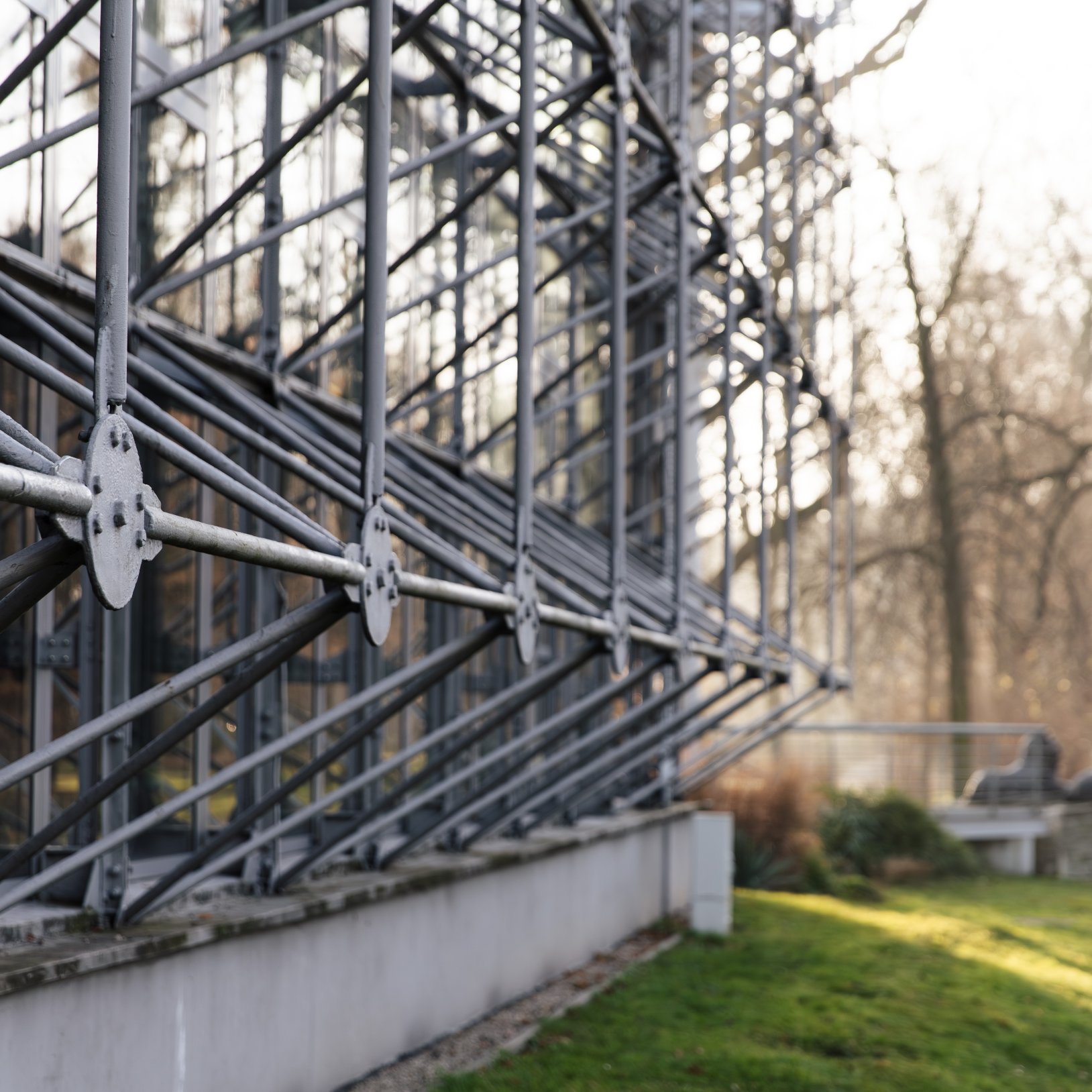 "Zbliżenie na metalową konstrukcję szklarni, pokazujące detale kratownicy i połączeń. W tle rozmazany widok na trawnik, drzewa bez liści i dwie kamienne rzeźby lwów."