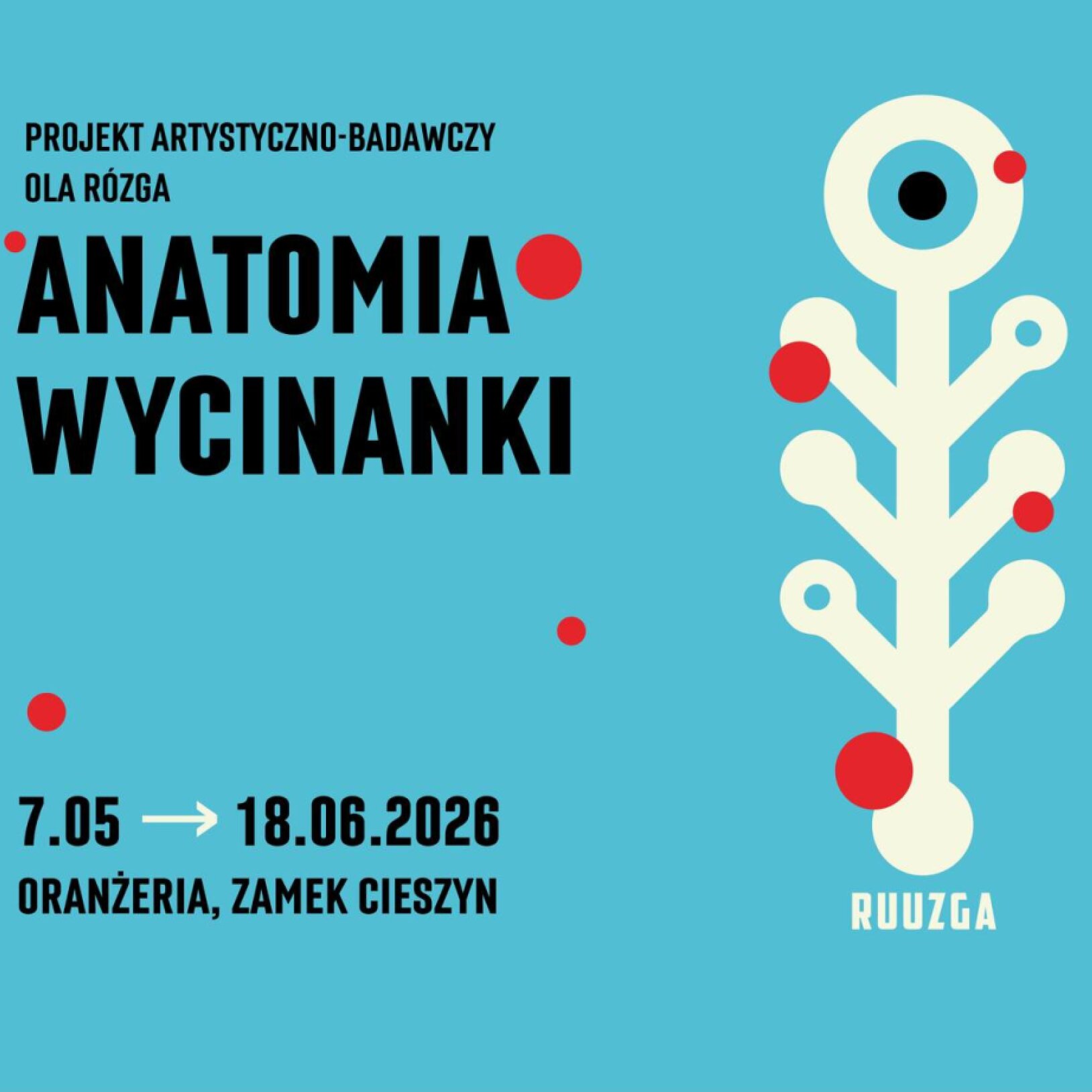 niebieski plakat wystawy z ilustracją wycinanki