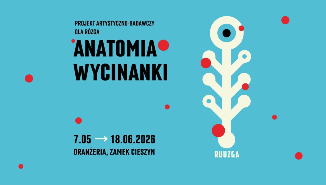 niebieski plakat wystawy z ilustracją wycinanki
