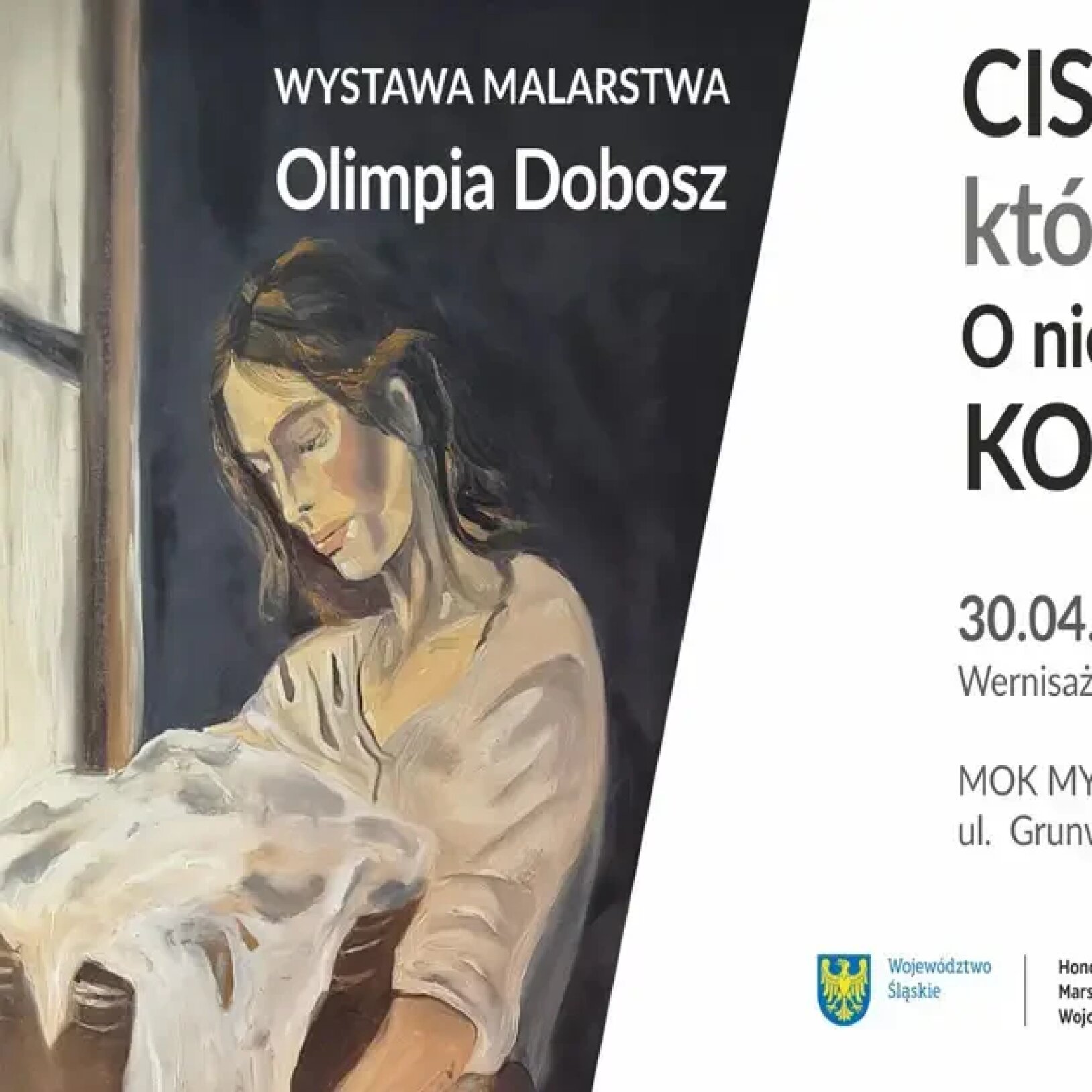 Plakat wystawy malarstwa Olimpii Dobosz pt. Cisza, której nikt nie widzi. O niewidzialnej pracy kobiet w MOK Mysłowice, trwającej od 30 kwietnia do 23 czerwca 2026 r.