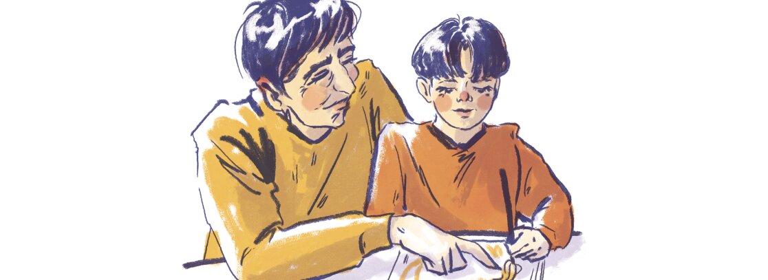 Ilustracja przedstawiająca starszą osobę pomagającą dziecku w rysowaniu lub pisaniu przy stole.