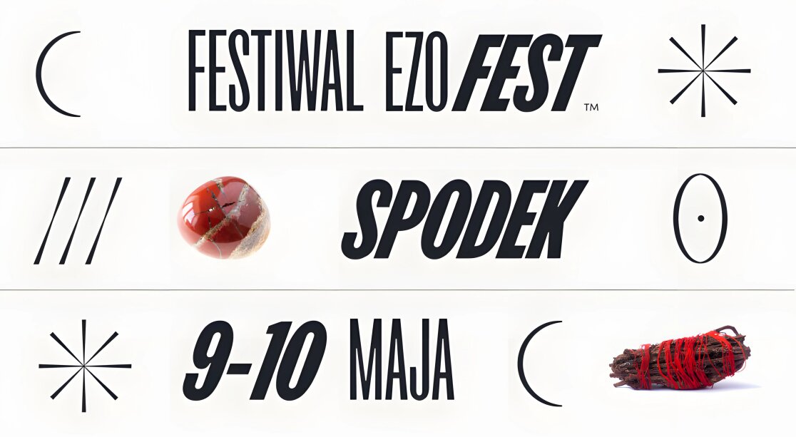 Plakat Festiwalu Ezo Fest w Spodku, który odbędzie się 9-10 maja. Grafika zawiera minimalistyczne symbole ezoteryczne, zdjęcia minerału oraz owiniętego czerwonym sznurkiem drewna.
