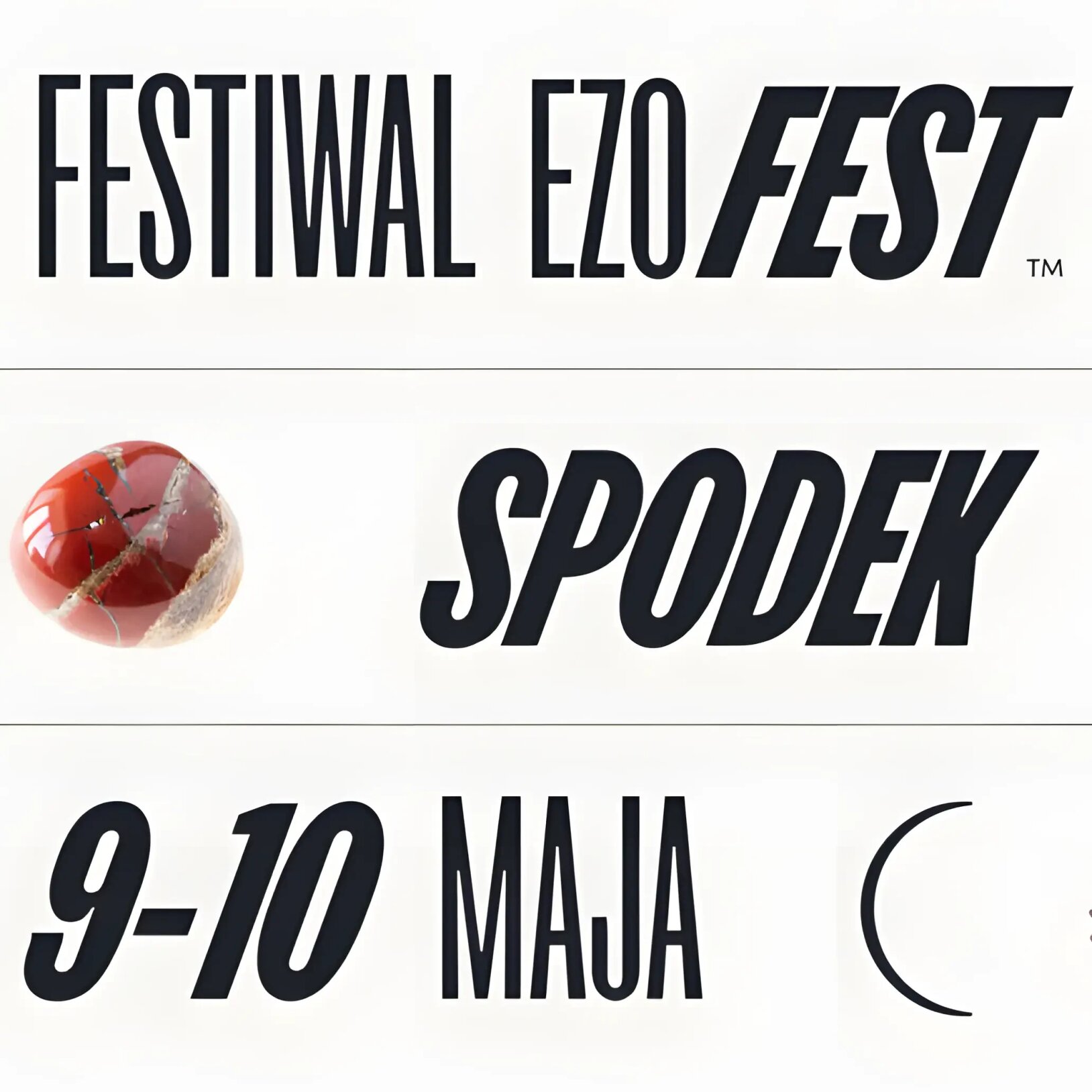 Plakat Festiwalu Ezo Fest w Spodku, który odbędzie się 9-10 maja. Grafika zawiera minimalistyczne symbole ezoteryczne, zdjęcia minerału oraz owiniętego czerwonym sznurkiem drewna.