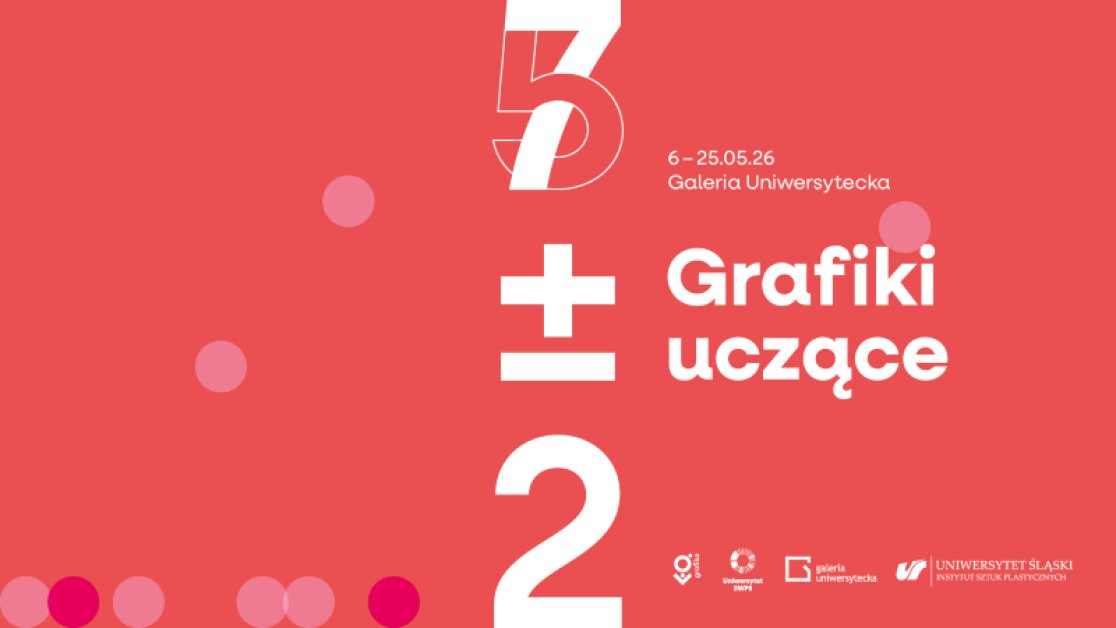Plakat wystawy 5+2 Grafiki uczące w Galerii Uniwersyteckiej, która odbędzie się w dniach 6-25 maja 2026 r. Grafika w odcieniach różu z dużym, białym zapisem matematycznym 5+2.