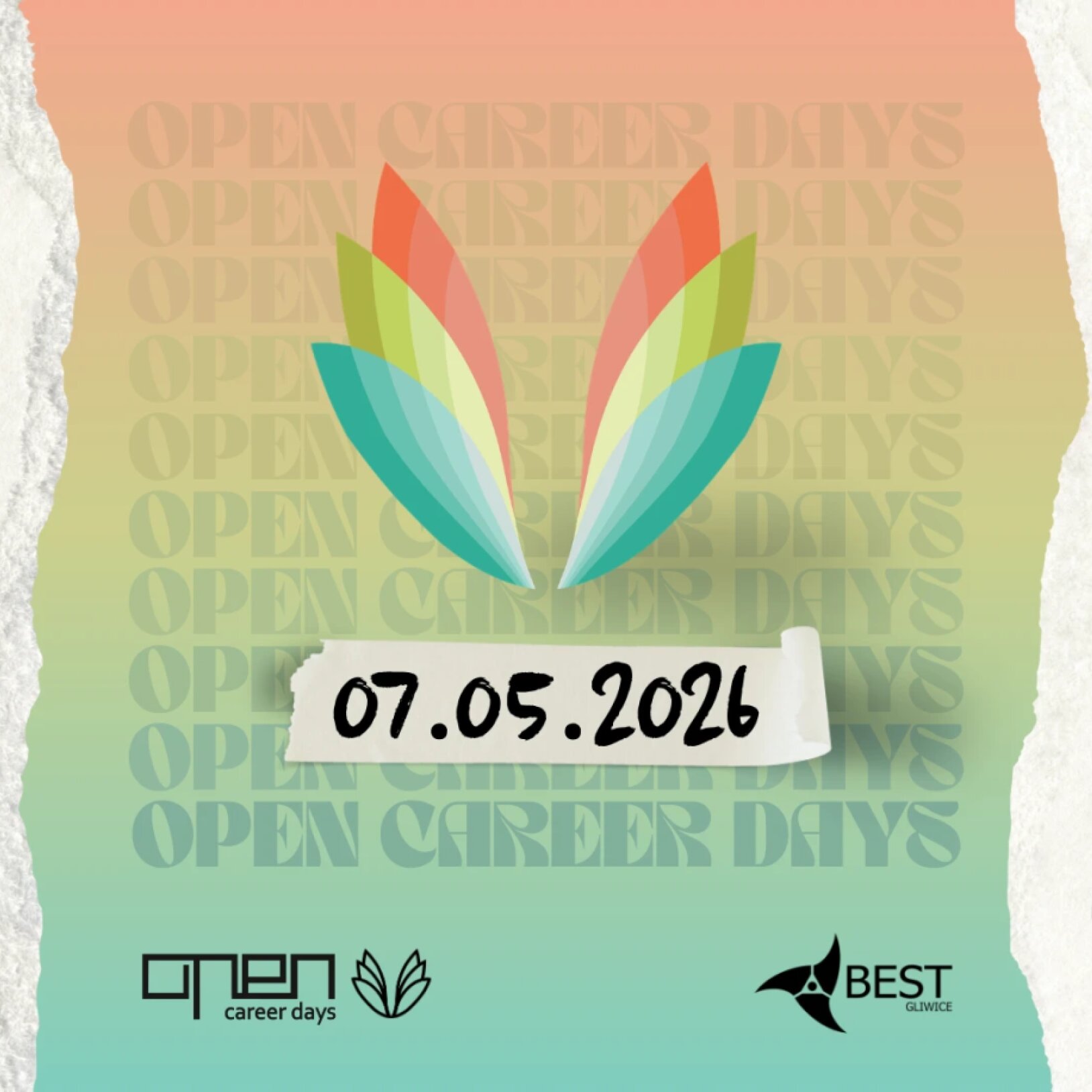 Plakat Open Career Days odbywających się 7 maja 2026 r., przedstawiający różne strefy wydarzenia: Strefę Kariery, Strefę Targów Online, Strefę Relaksu oraz Strefę CV, zilustrowane prostymi rysunkami postaci.