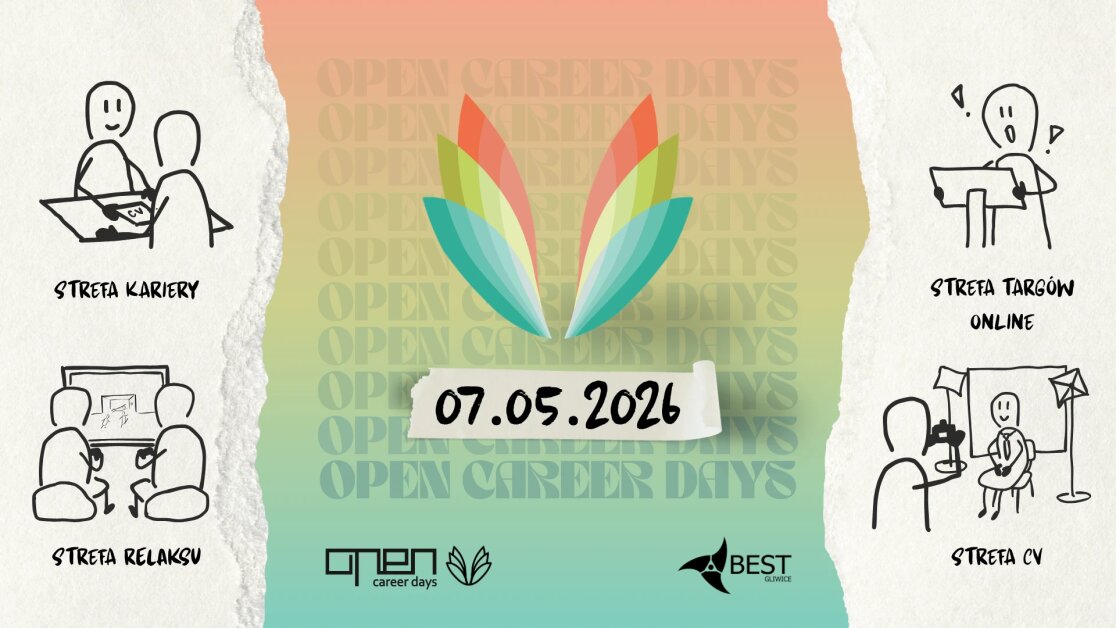 Plakat Open Career Days odbywających się 7 maja 2026 r., przedstawiający różne strefy wydarzenia: Strefę Kariery, Strefę Targów Online, Strefę Relaksu oraz Strefę CV, zilustrowane prostymi rysunkami postaci.