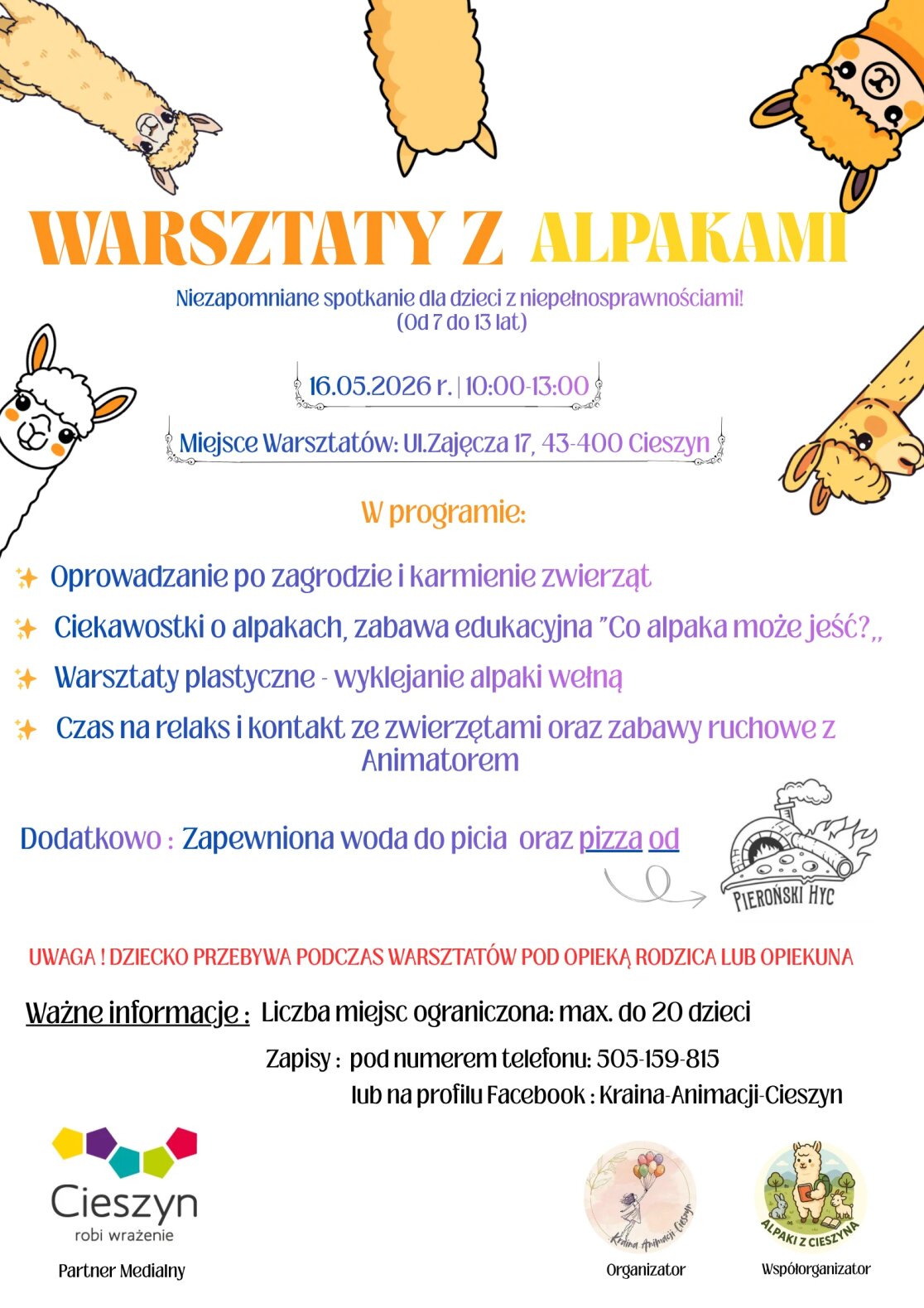 Plakat warsztatów z alpakami dla dzieci z niepełnosprawnościami w Cieszynie, zaplanowanych na 16 maja 2026 r. Zawiera szczegółowy program zajęć, informacje o zapisach oraz zabawne grafiki alpak.