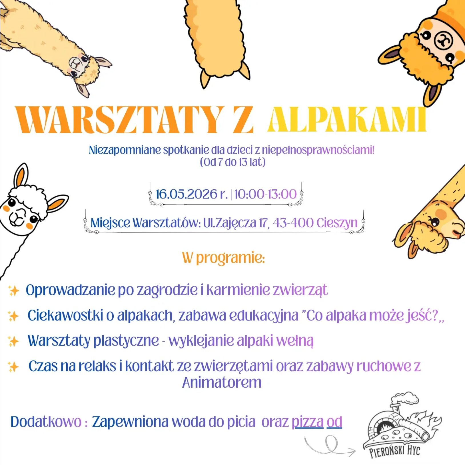 Plakat warsztatów z alpakami dla dzieci z niepełnosprawnościami w Cieszynie, zaplanowanych na 16 maja 2026 r. Zawiera szczegółowy program zajęć, informacje o zapisach oraz zabawne grafiki alpak.