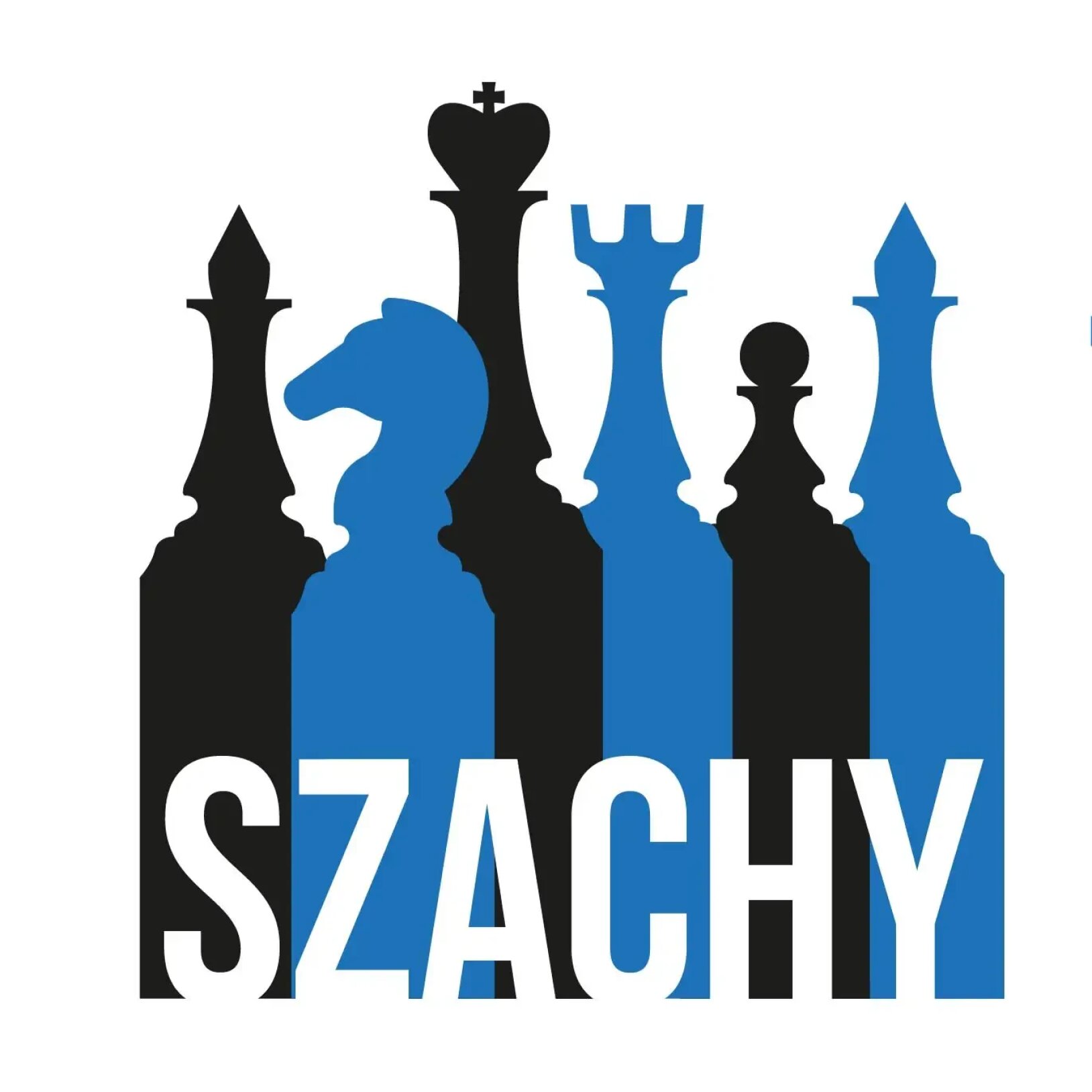 Grafika przedstawiająca sylwetki figur szachowych w kolorach czarnym i niebieskim z dużym białym napisem SZACHY u dołu.