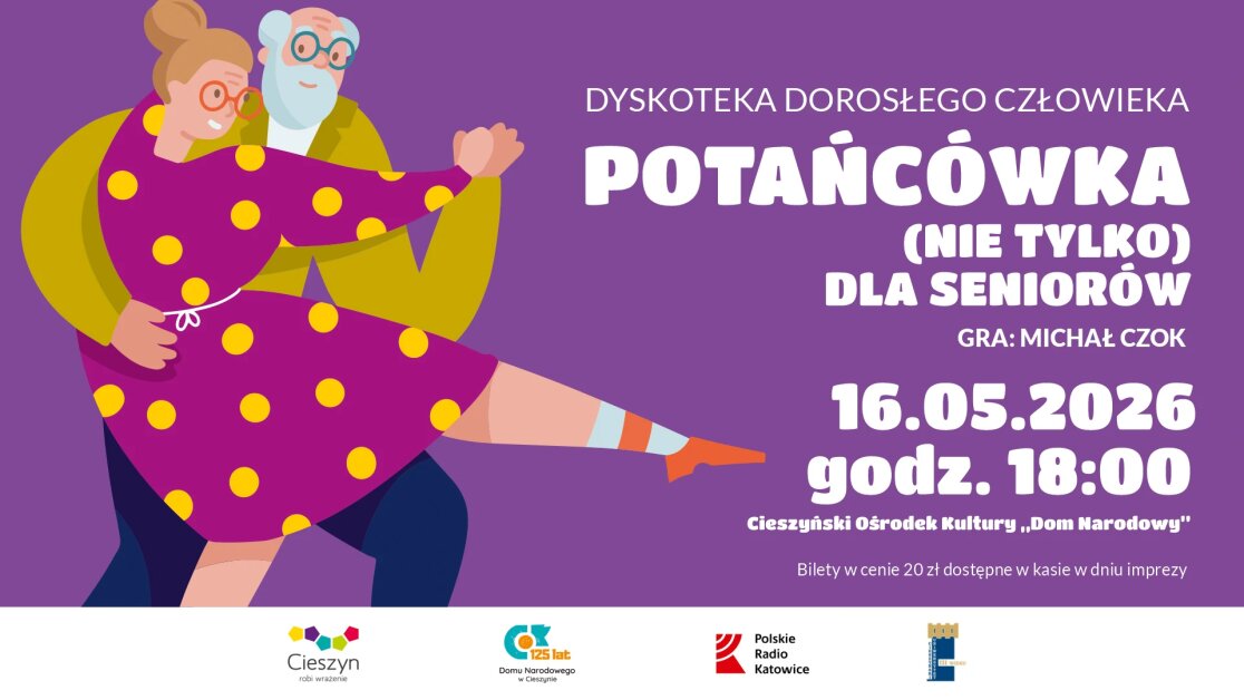 Grafika przedstawiająca parę starszych osób w stylu retro, tańczących wesoło na fioletowym tle.