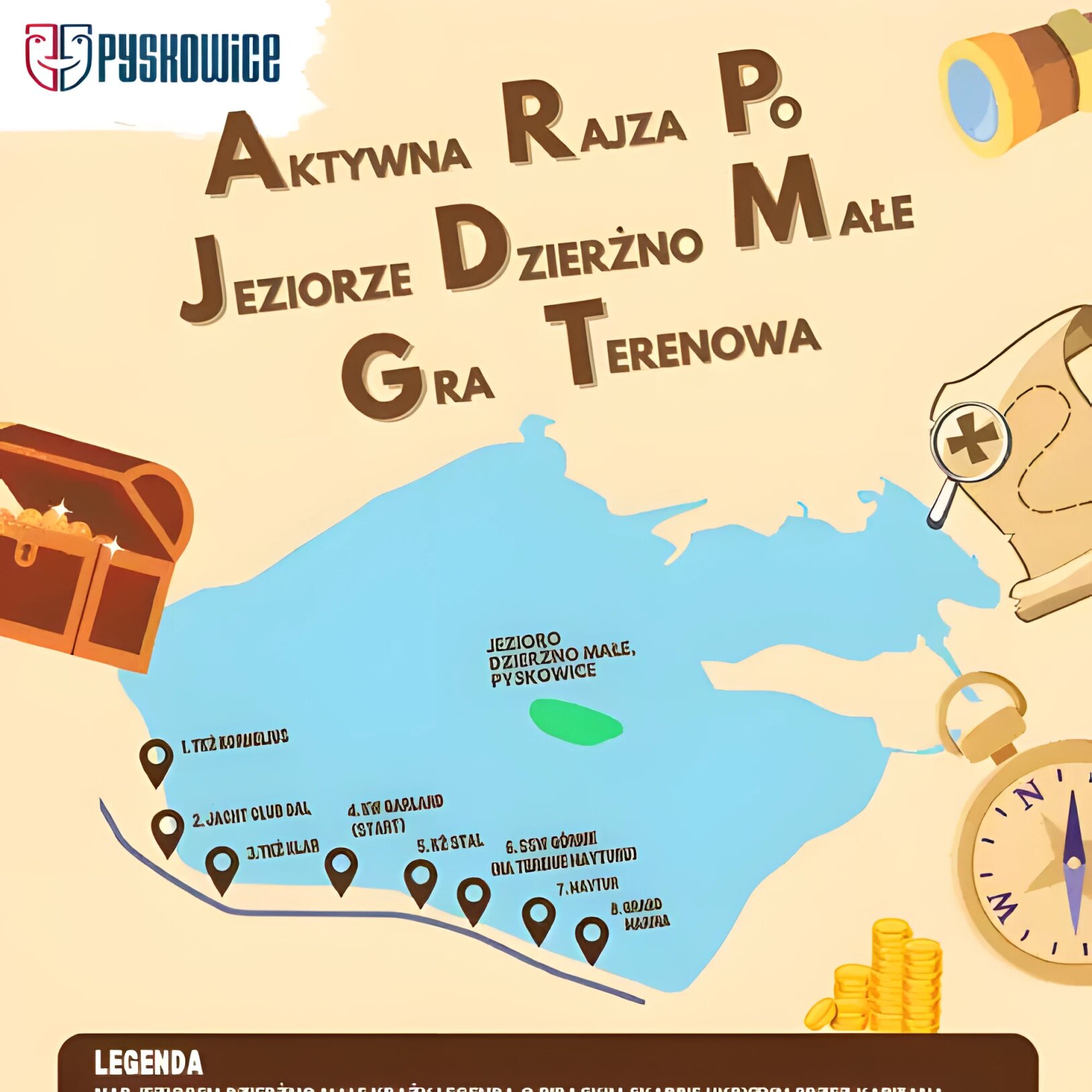 Plakat gry terenowej Aktywna Rajza po Jeziorze Dzierżno Małe, która odbędzie się 9 maja w godz. 14:00-16:00. Grafika przedstawia mapę jeziora z zaznaczonymi punktami kontrolnymi przy klubach żeglarskich oraz motywy pirackie.
