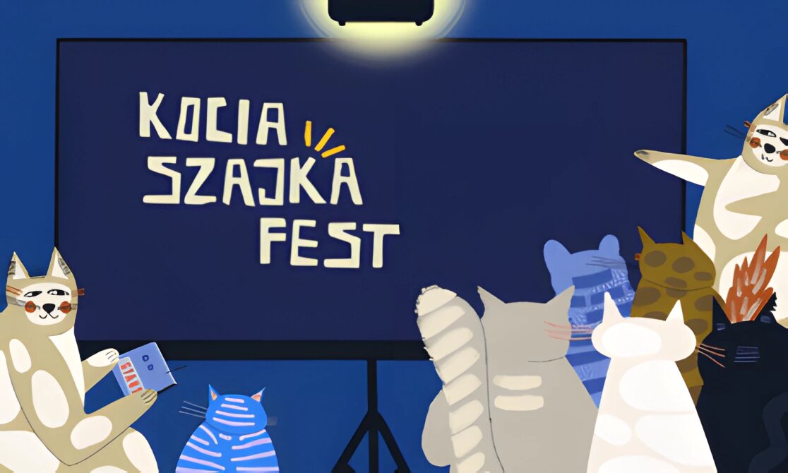 Ilustracja przedstawiająca grupę różnobarwnych kotów siedzących przed dużym ekranem, na którym wyświetlany jest napis KOCIA SZAJKA FEST.