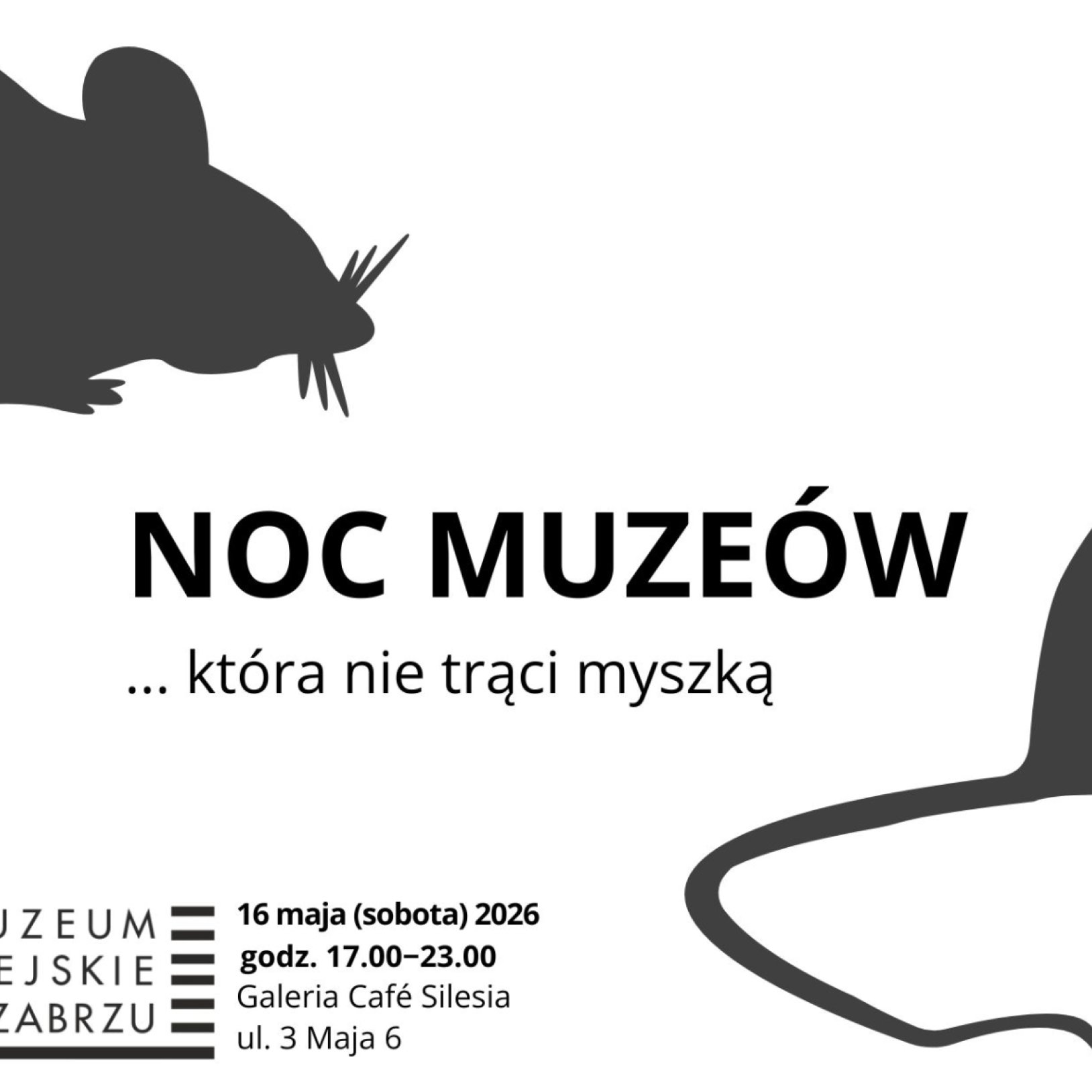 plakat nocy muzeum w zabrzu, ilustracja z czarną myszą na białym tle