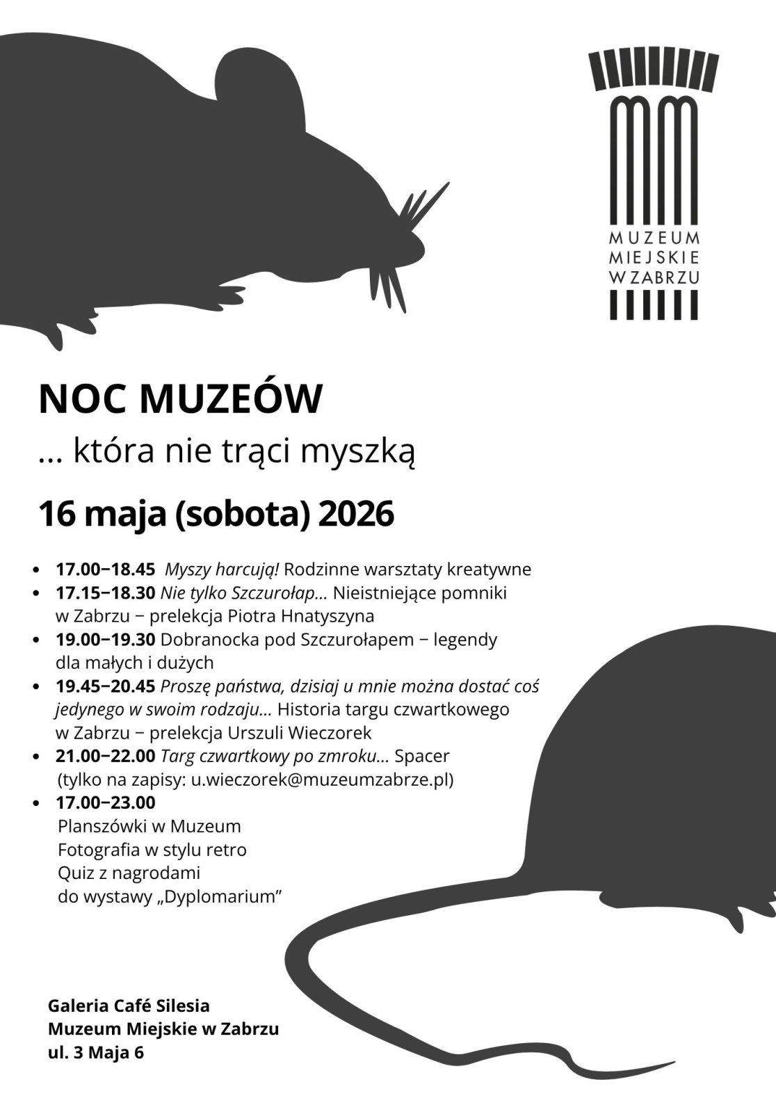 plakat nocy muzeum w zabrzu, ilustracja z czarną myszą na białym tle