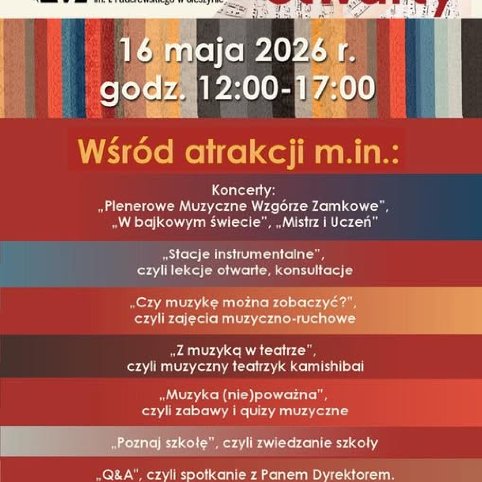 Plakat z informacjami o dniu otwartym szkoły muzycznej