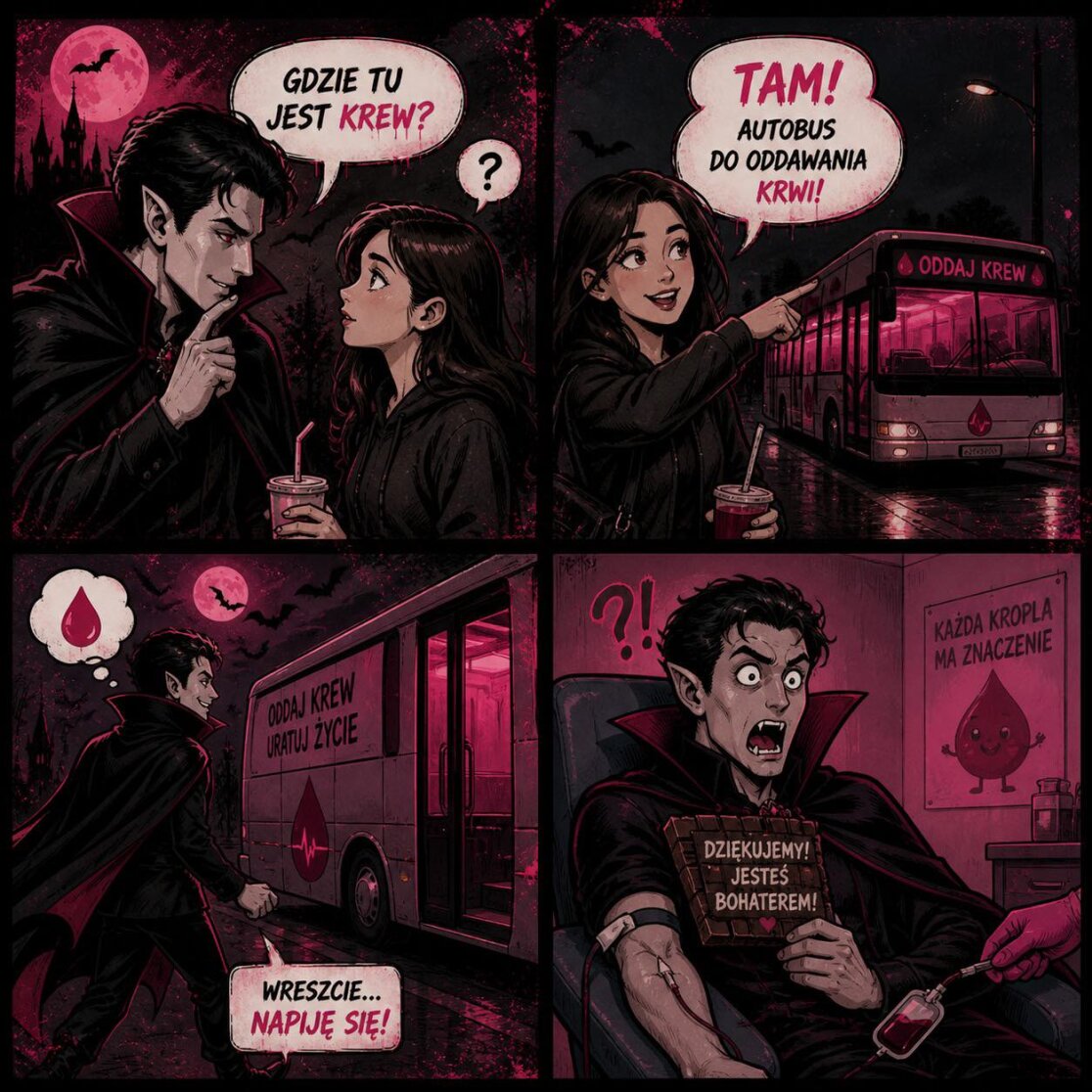 grafika w stylu komiksowym o oddawaniu krwi przez wampira