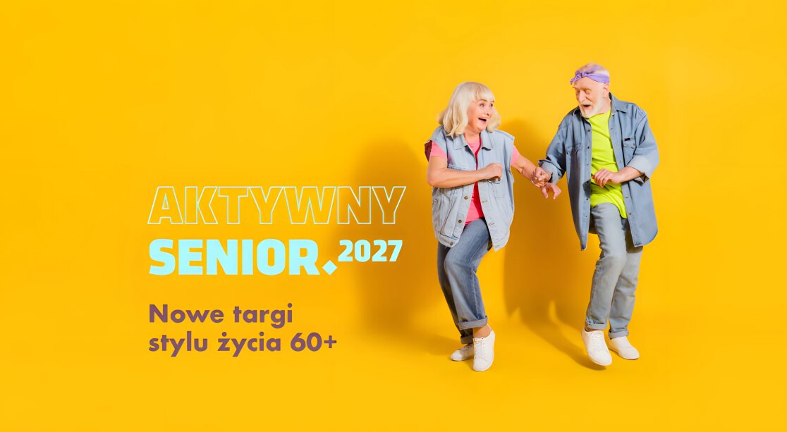 Plakat targów Aktywny Senior 2027 – nowych targów stylu życia 60+. Grafika przedstawia energiczną, starszą parę ubraną w jeansowe stylizacje, tańczącą na jaskrawożółtym tle.