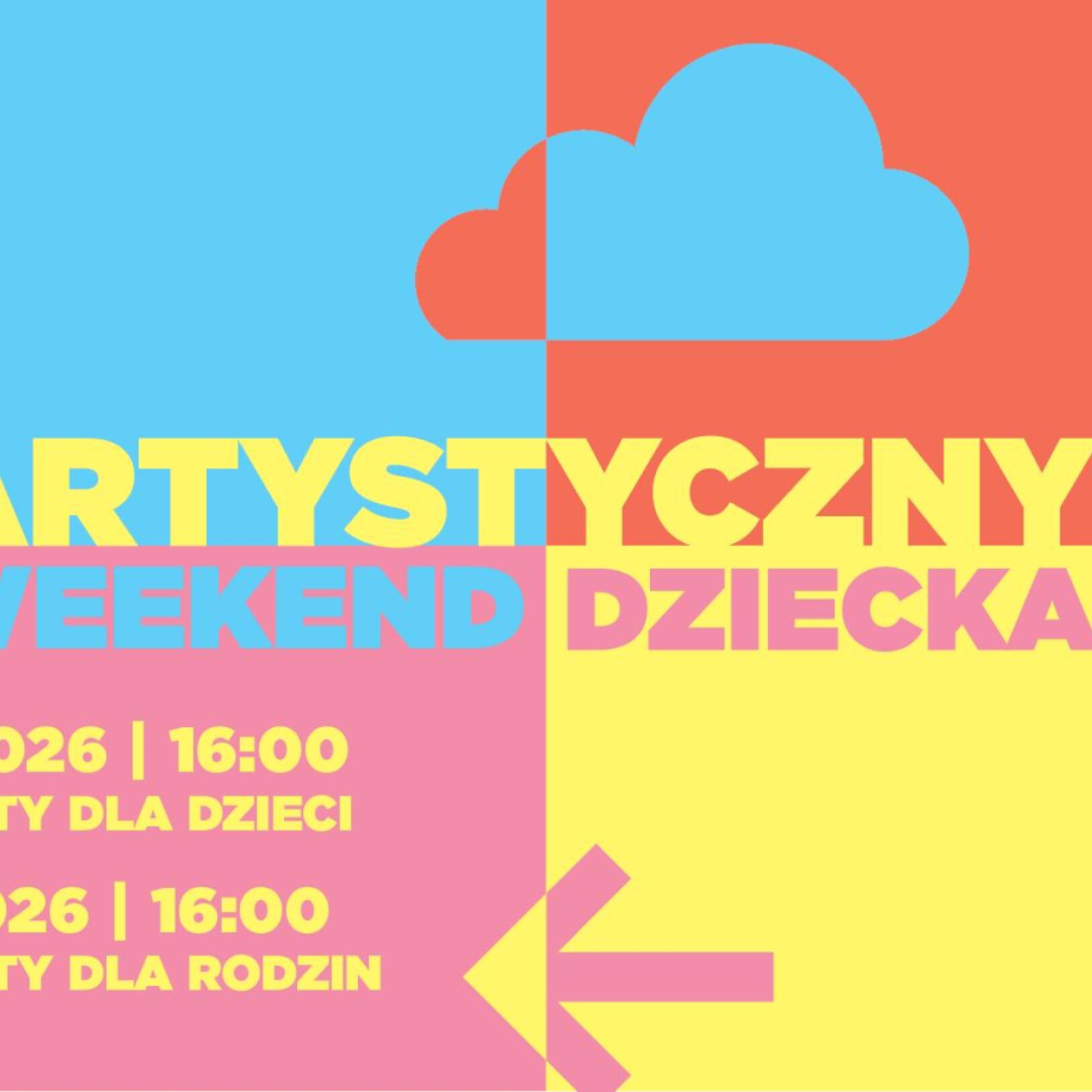 plakat wydarzenia złożony z pól w kolorach niebieskim, pomarańczowym, różowym i żółtym